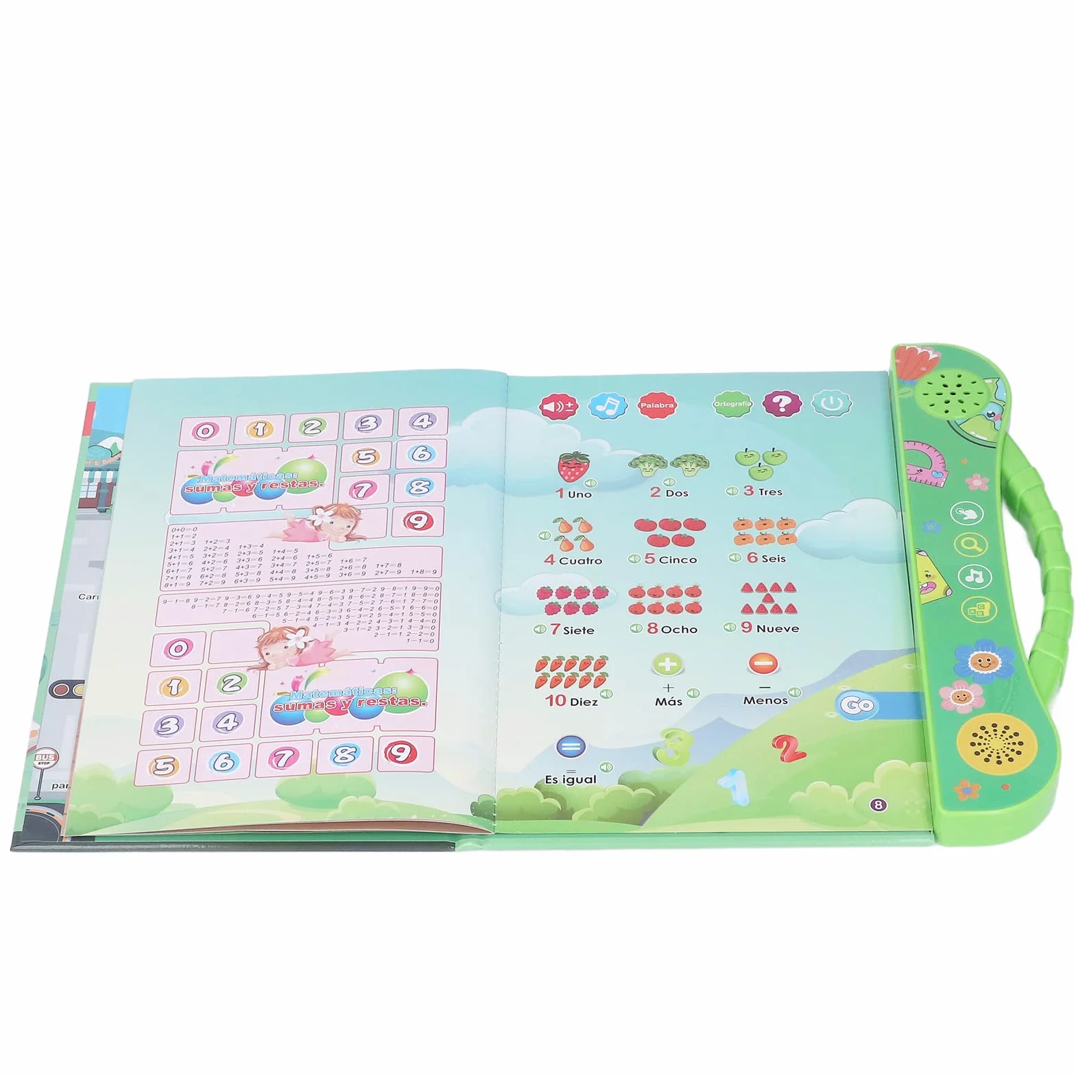 SIXRUN Libro Sonoro Educativo Interattivo Parlante Spagnolo per Bambini con Giochi e Storie, Impara lo Spagnolo per Bambini Verde, Plastica 10,0x9,1 Pollici