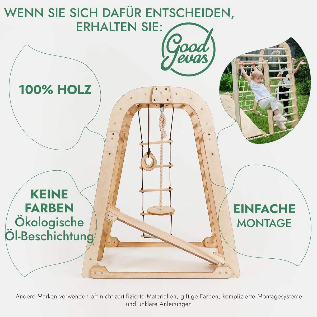 Montessori Struttura in Legno per Bambini, Parco Giochi con Scivolo, Altalena, Parete da Arrampicata, Corda, Scala a Maglia 3-8