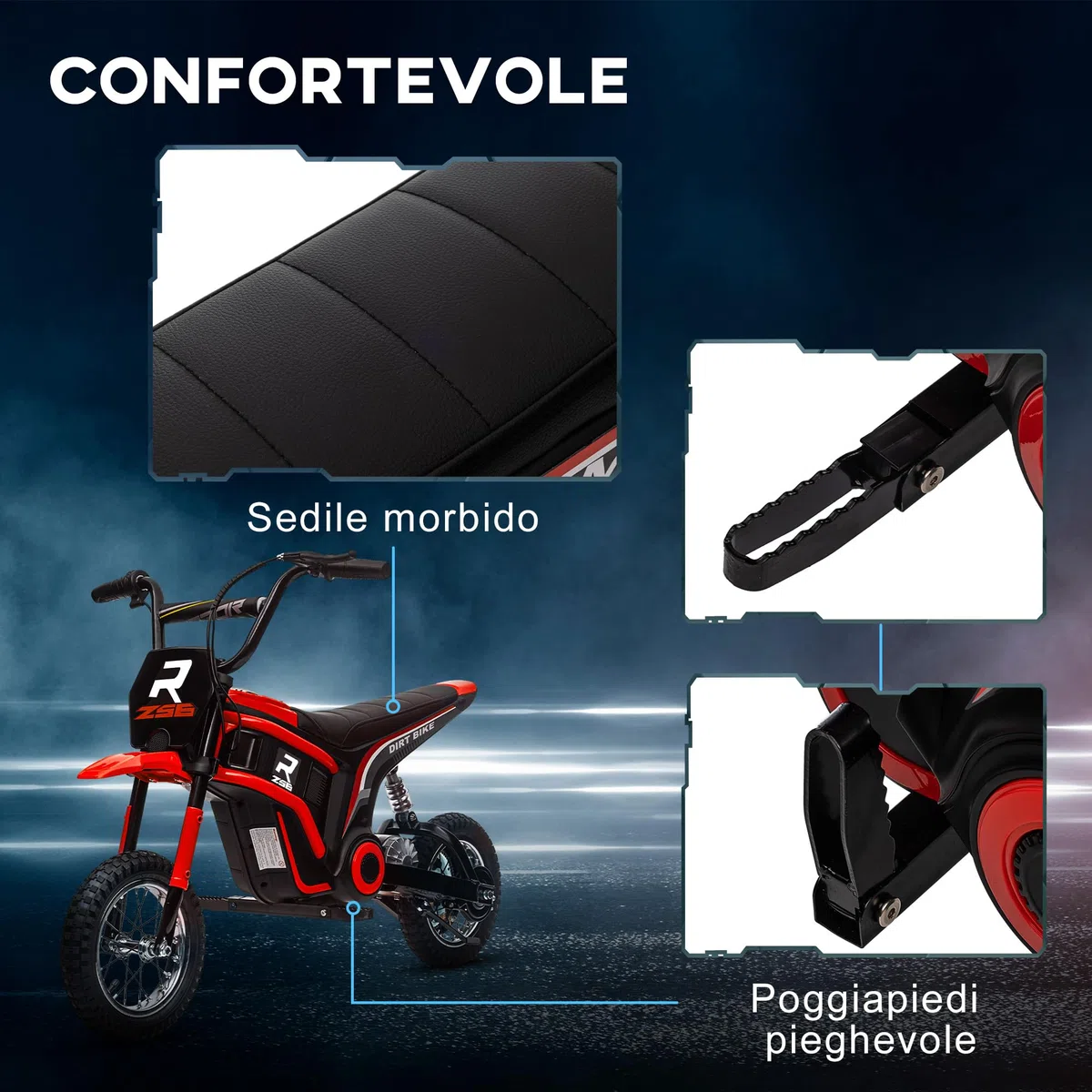 HOMCOM Moto Elettrica Bambini 24V 8-12 Anni Mini Cross con Sospensione Luci Suoni 2 Velocità 8-16km/h Ruote 30.5cm Rosso