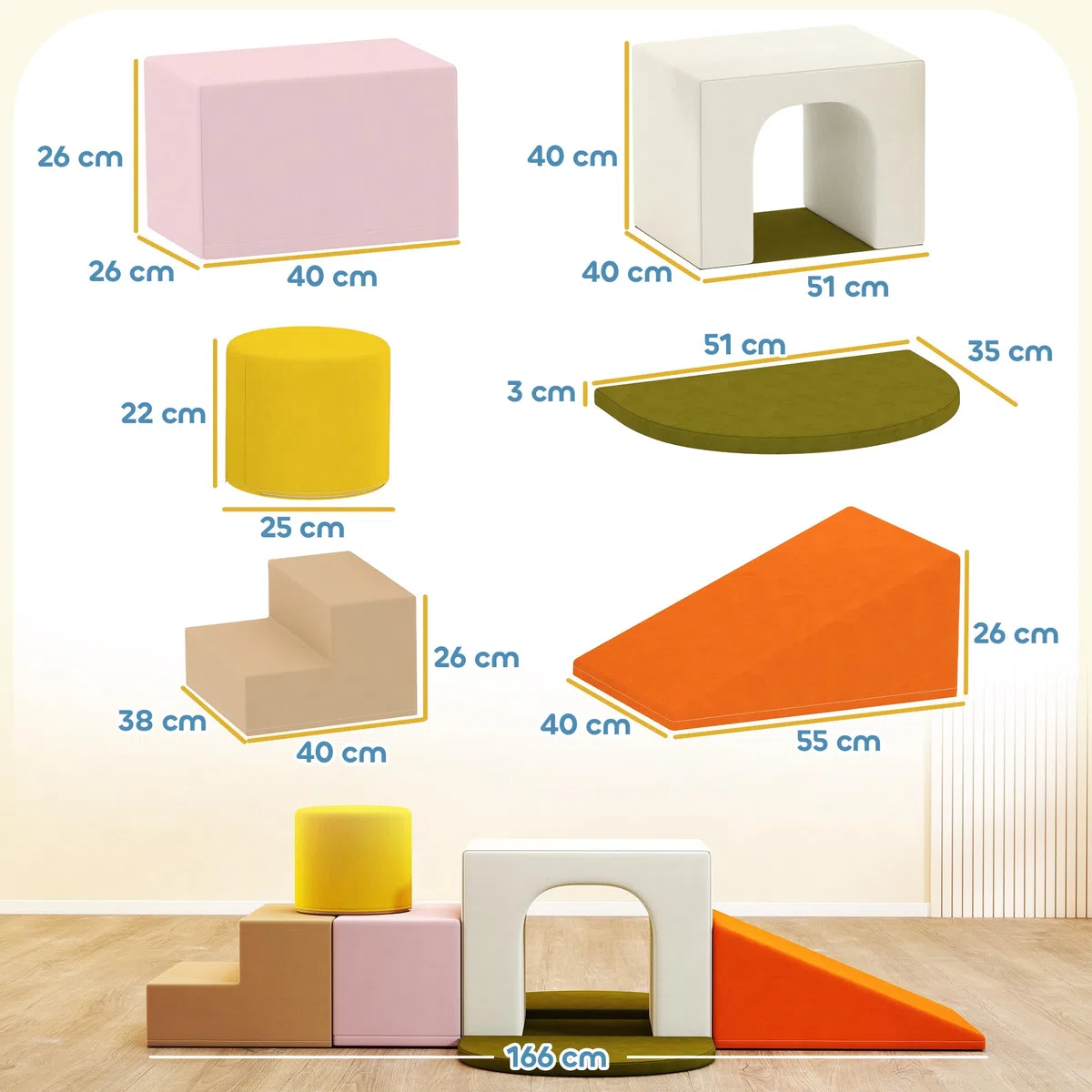 AIYAPLAY Set 8 Costruzioni Morbide per Bambini 0-3 Anni in Velluto e Schiuma PU Arancione