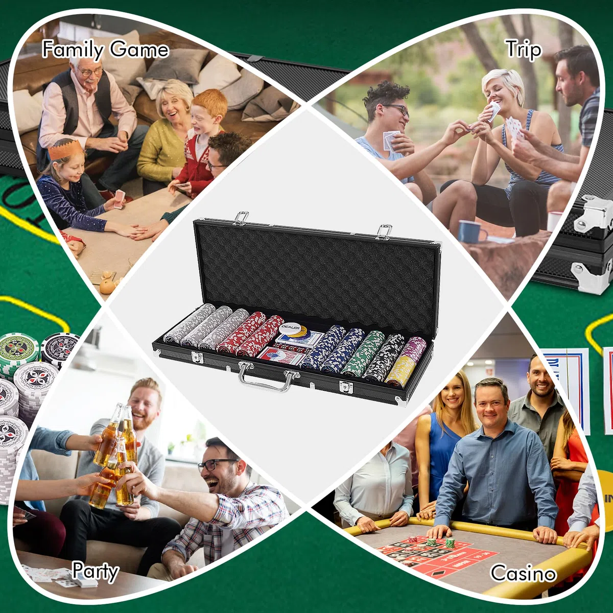 HOMASIS Set da Poker 500 Fiches Valigetta 2 Mazzi Carte 5 Dadi Tappetino Nero