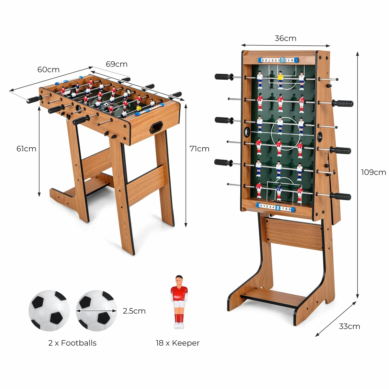 HOMASIS Calcio Balilla Pieghevole in Legno, Calcetto da Tavolo con 6 Aste, 18 Giocatori, 2 Caolcio e Segnapunti, Biliardino da Casa per Bambini e Adulti, 69 x 60 x 71 cm