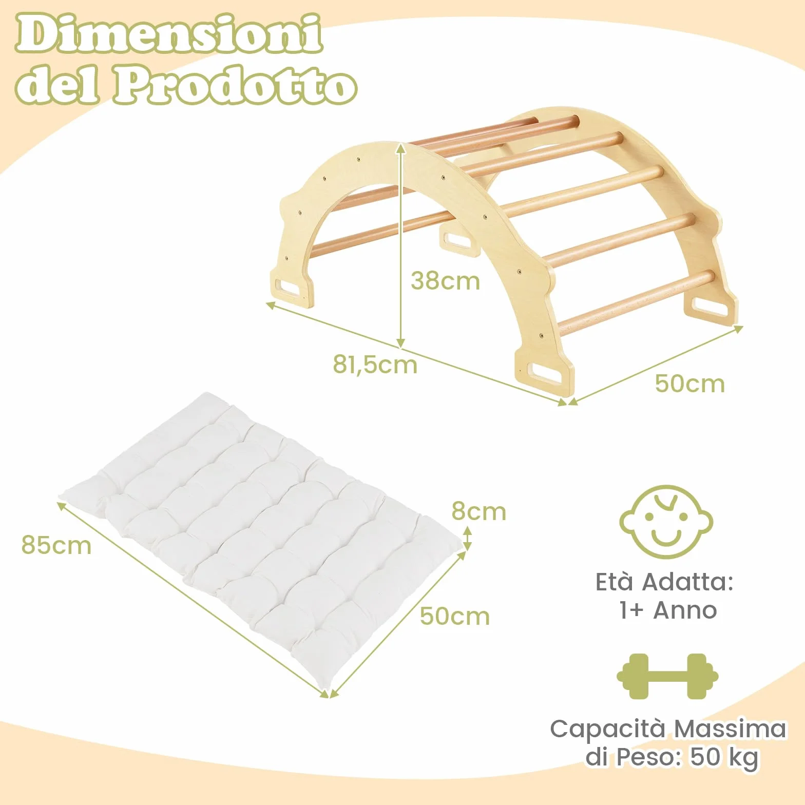 COSTWAY Arco da Arrampicata per Bambini, 2 in 1 Altalena ad Arco in Legno con Cuscino Morbido, Doppia Faccia, Ideale per Bambini 1+ Anni (Naturale)