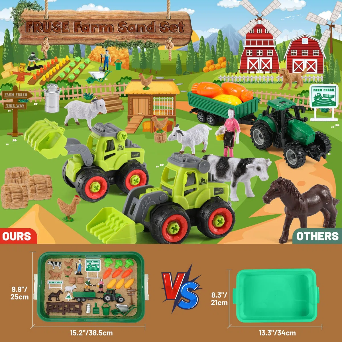 FRUSE Sabbia Giocattolo per Bambini Animali Fattoria, Kit Sabbiera 1 KG Sabbia Magica con Trattore