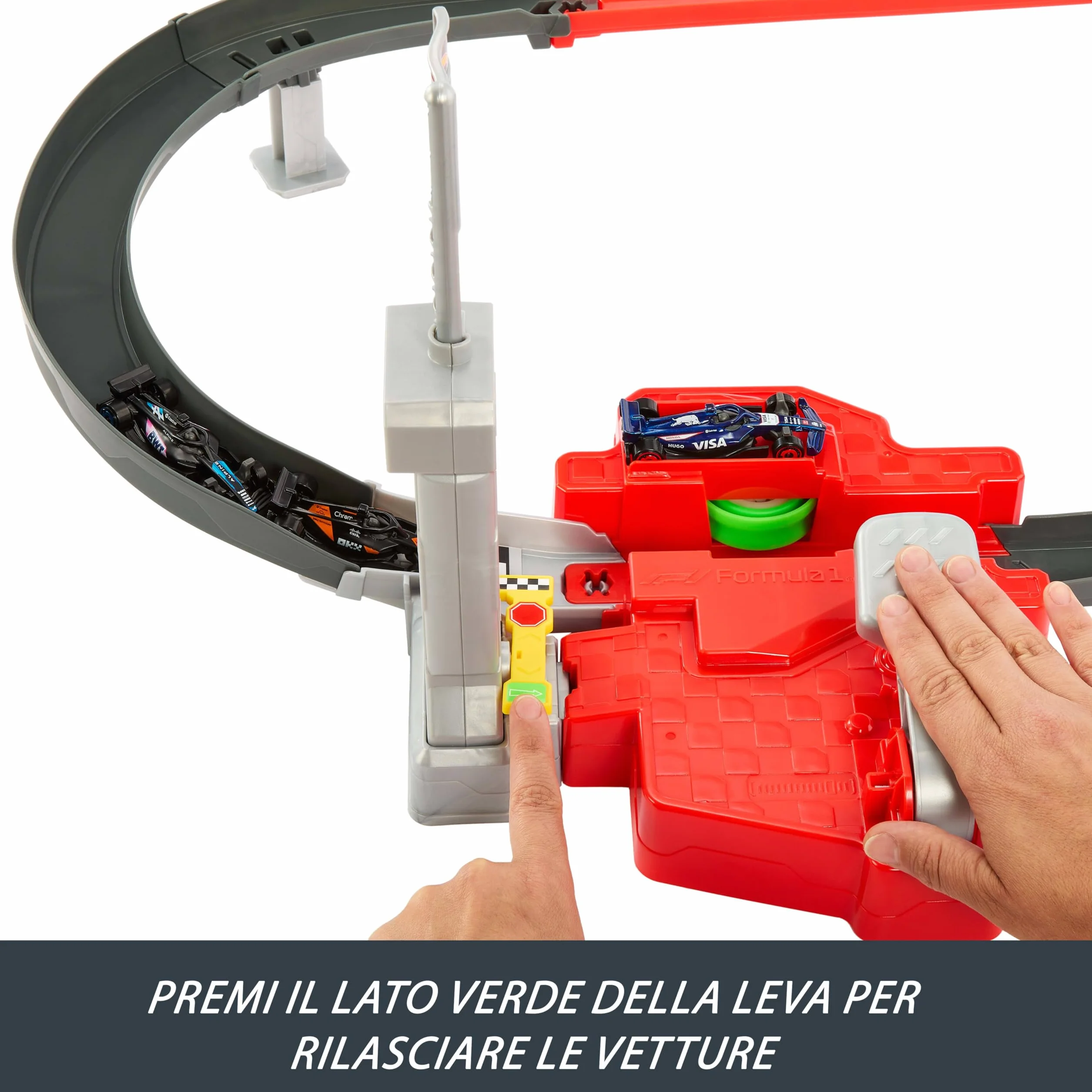 Hot Wheels Racing - Circuito Sprint Formula 1, set pista a due modalità di gioco e con 3 veicoli F1 inclusi, McLaren F1 Team, Alpine e VCARB, giocattolo per bambini, 4+ anni, JDY15