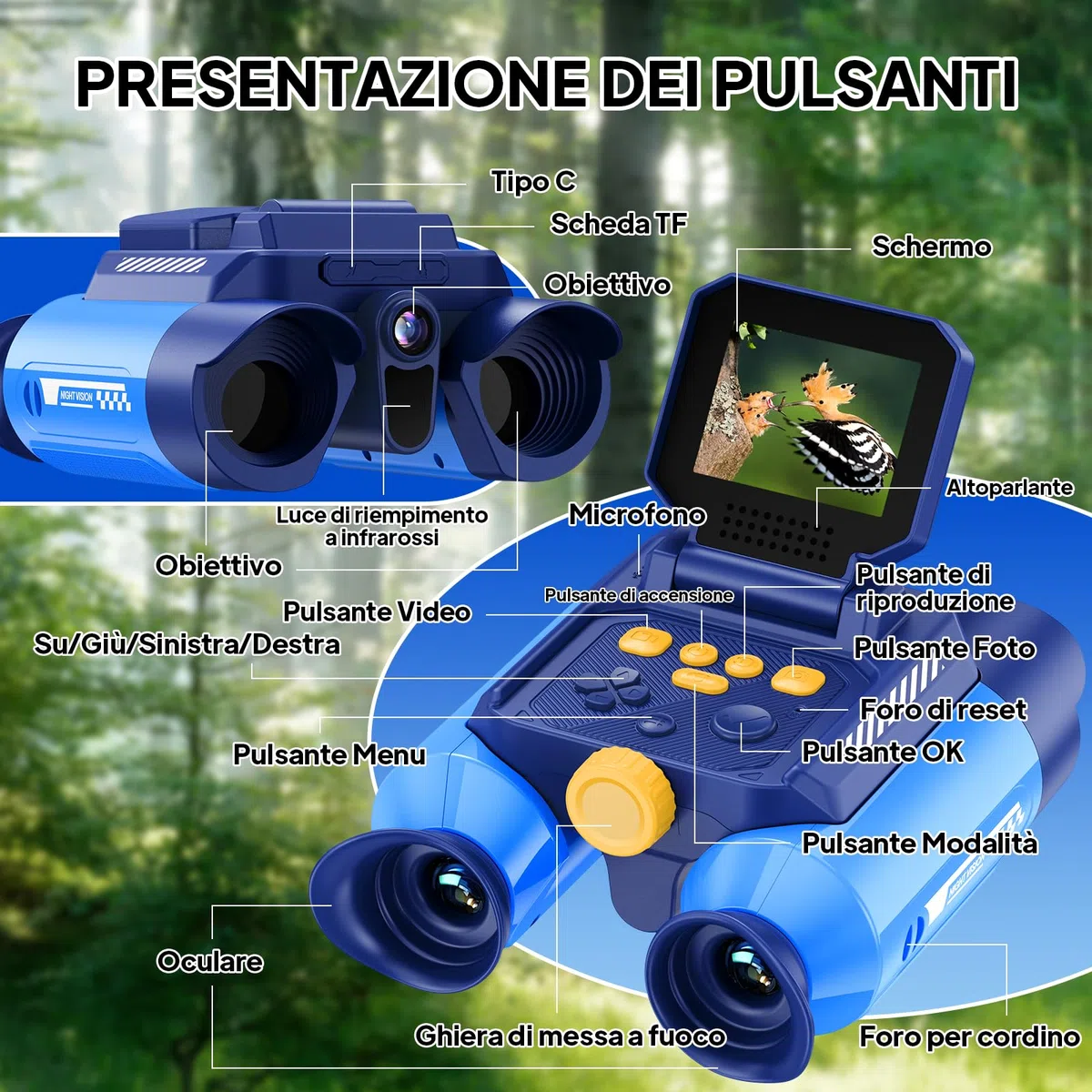 Ashfly Binocolo Digitale per Bambini con Schermo 2,4", Zoom 10x, Giochi Integrati, Modalità Visione Notturna e Fotocamera – Gioco Educativo Esplorazione Natura, 7+ Anni, blu