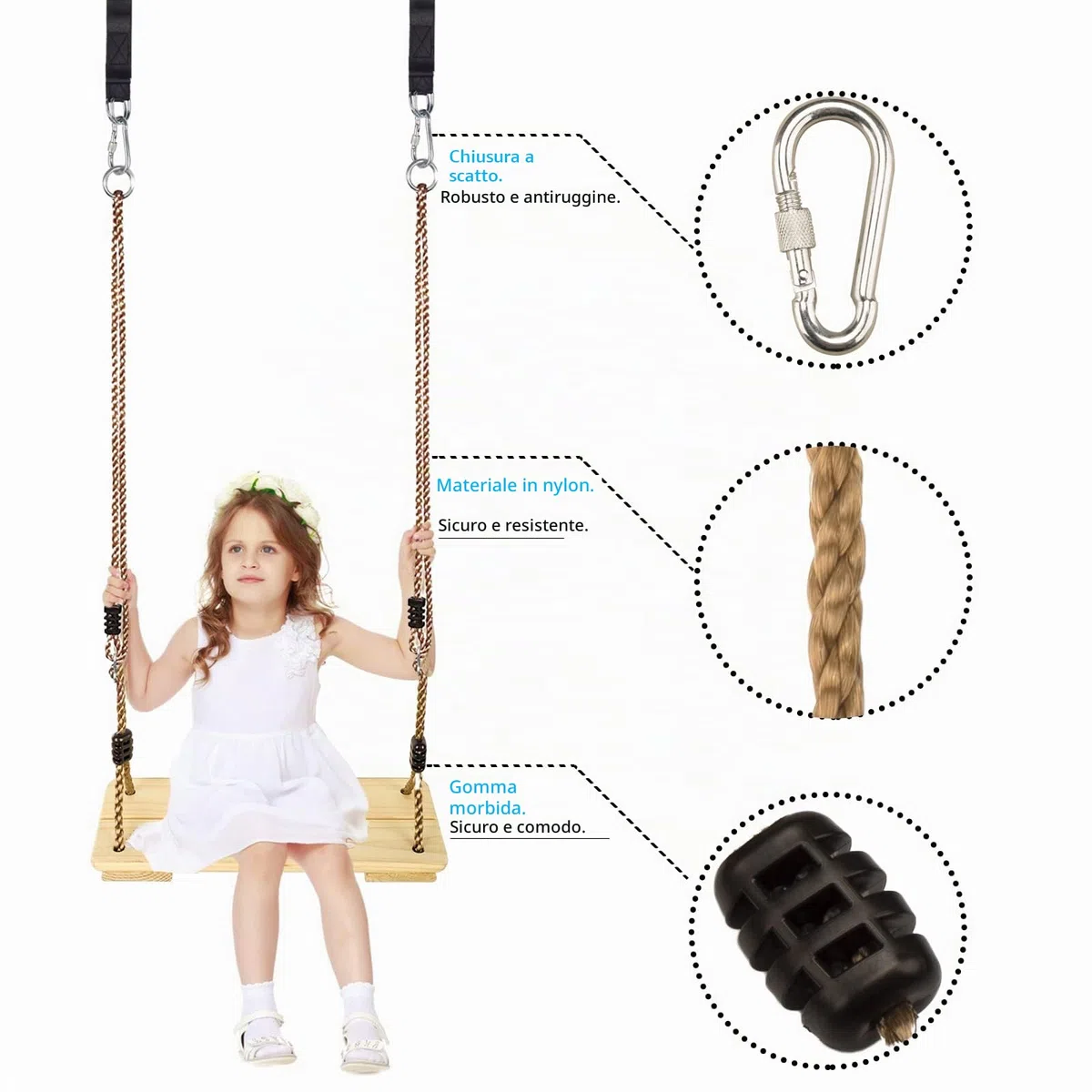 KINSPORY Altalena Legno, Altalena da Giardino per Bambini, Seggiolino Altalena Bambini Legno, Sedili per Altalena per Bambini da Giardino con Corda in Canapa Regolabile