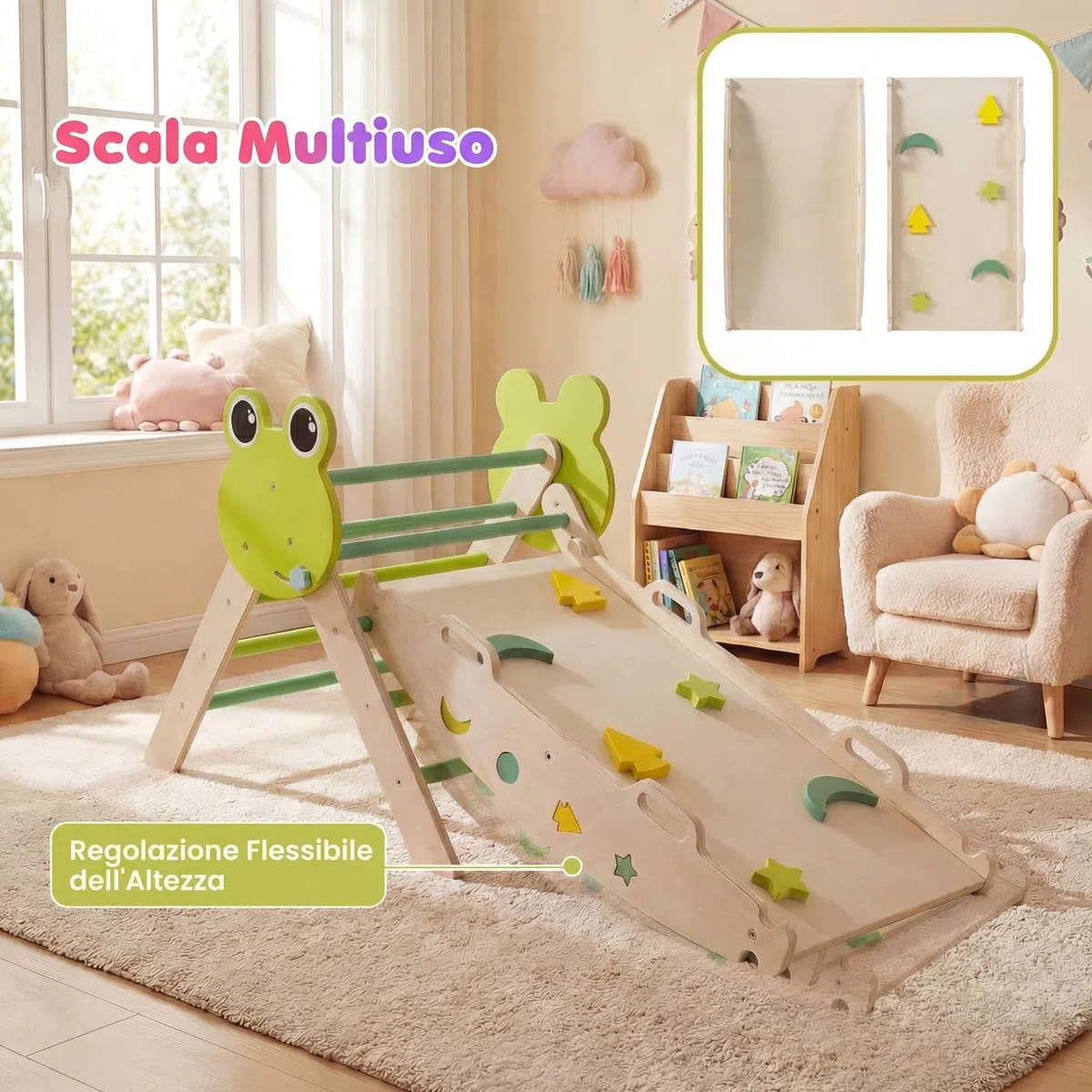 Relax4Life Triangolo di Arrampicata per Bambini con Scivolo e Arco, Gioco Montessori in Legno 1+ Anni, 3 Pezzi Verde