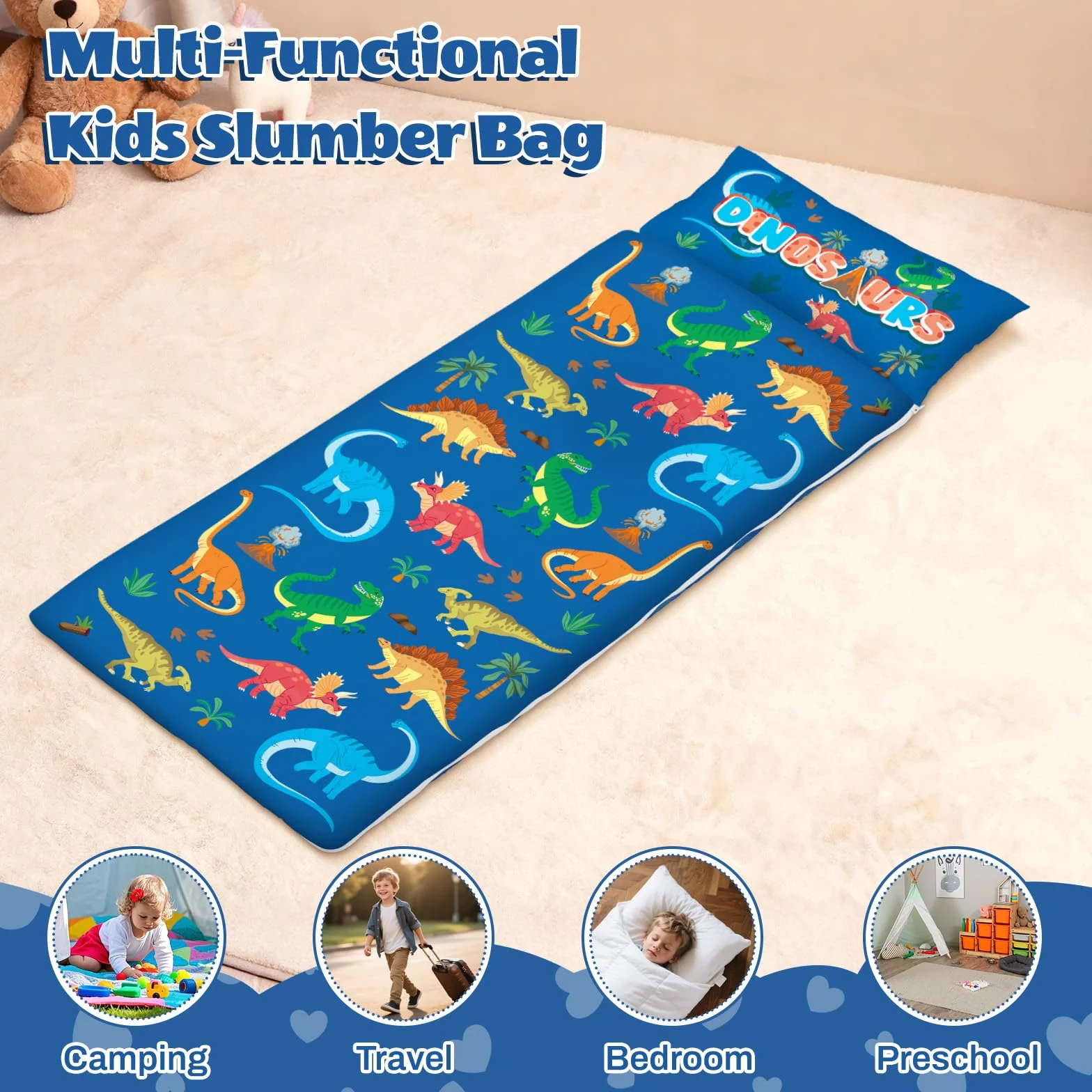 Sacco a Pelo per Bambini con Cuscino e Doppia Cerniera, 150x60 cm Nap Mat per Bambini, Ideale per Casa, Asilo, Scuola Materna e Campeggio
