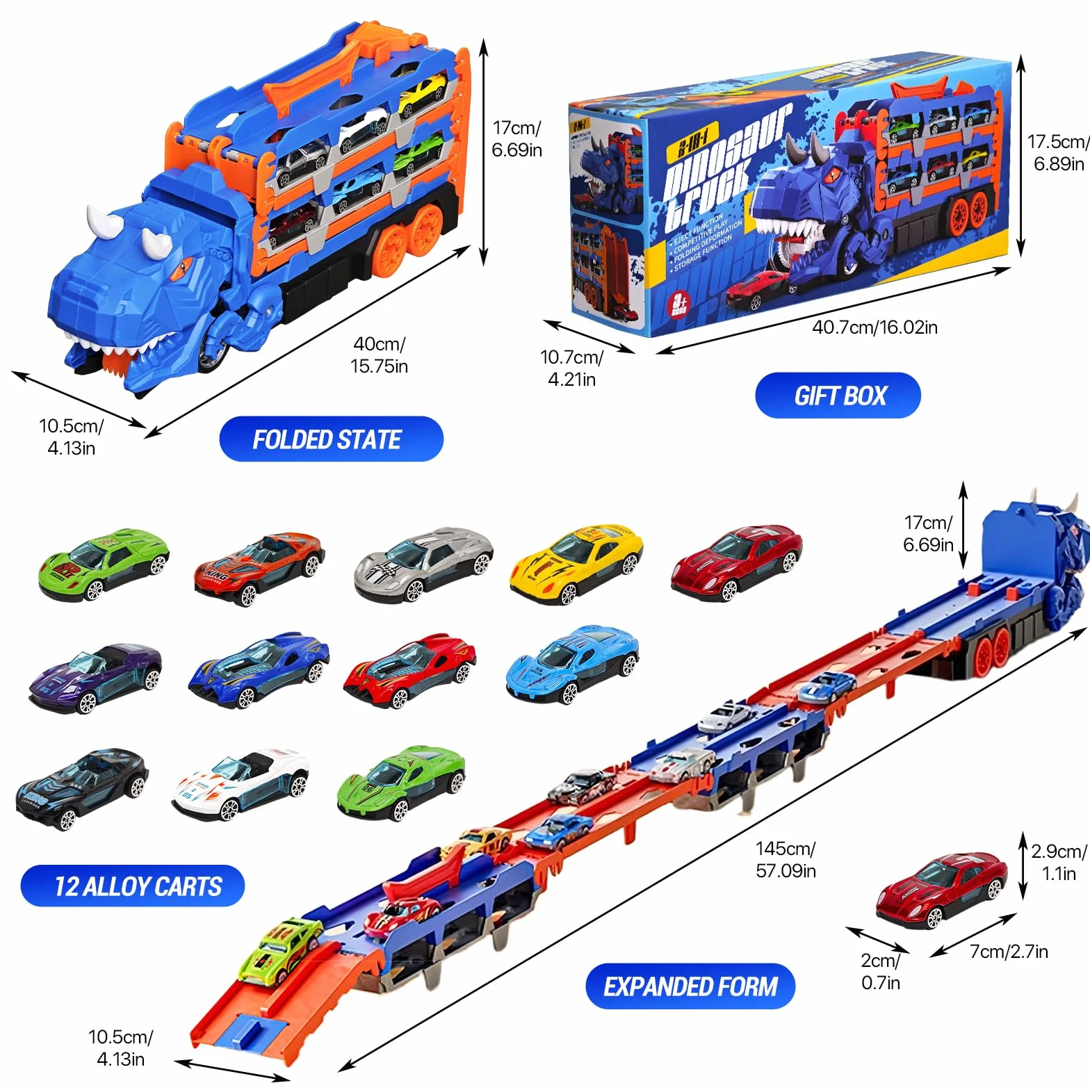 Sternstunde Camion Giocattolo Per Bambini, Con 12 Auto Da Corsa Macchinine Per Bambini, Auto Giocattolo Portatile Camion Dinosauro Per 3, 4, 5, 6 Anni Ragazzi Regalo Ragazzi (Blu)