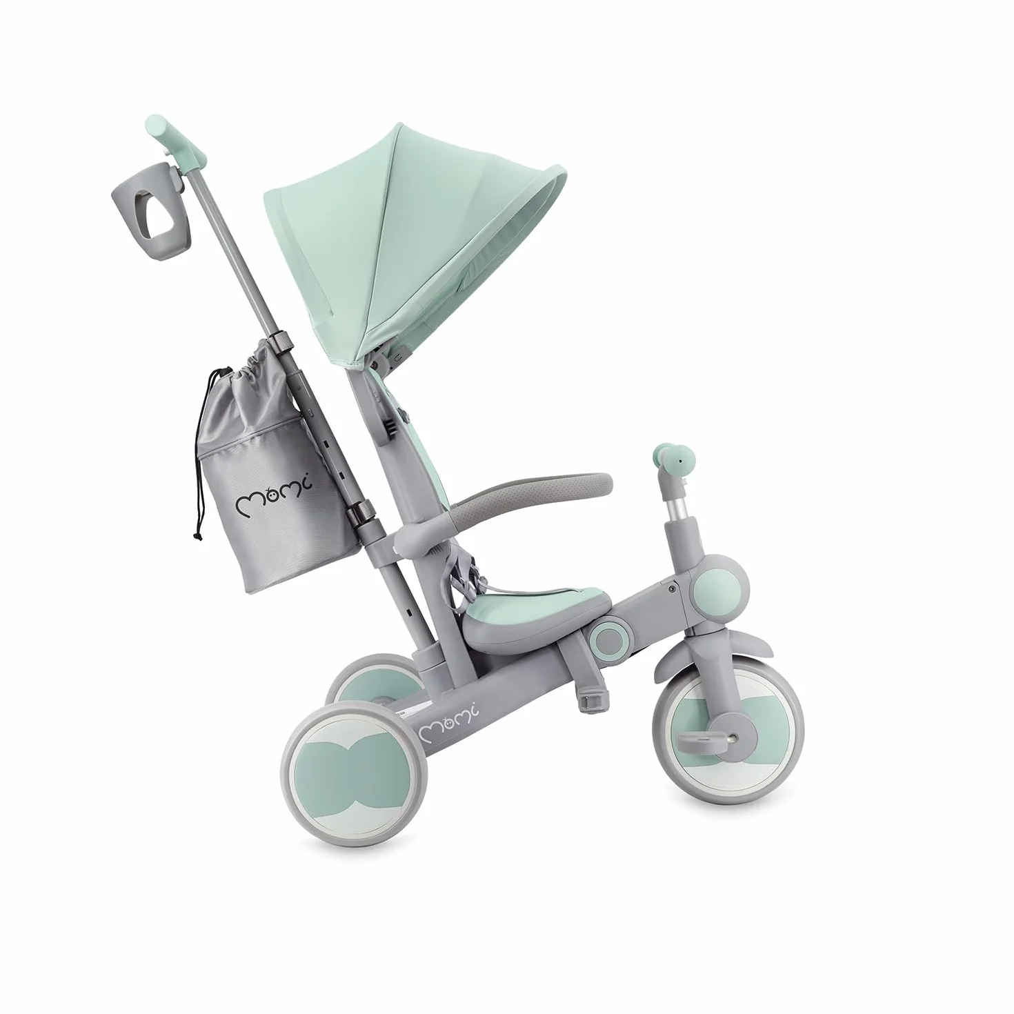 Triciclo per bambini MoMi 4in1 SOLIVIA con manubrio telescopico, cinture di sicurezza a 5 punti, per bambini a partire da 12 mesi, con capottina parasole, ruote in PU, borsa e portabicchiere