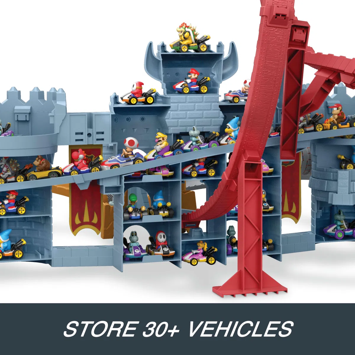 Hot Wheels Mario Kart - Castello di Bowser, set interattivo con lanciatore e macchinina Kamek inclusa, può contenere oltrre 30 veicoli, giocattolo per bambini, 5+ anni, JHD24