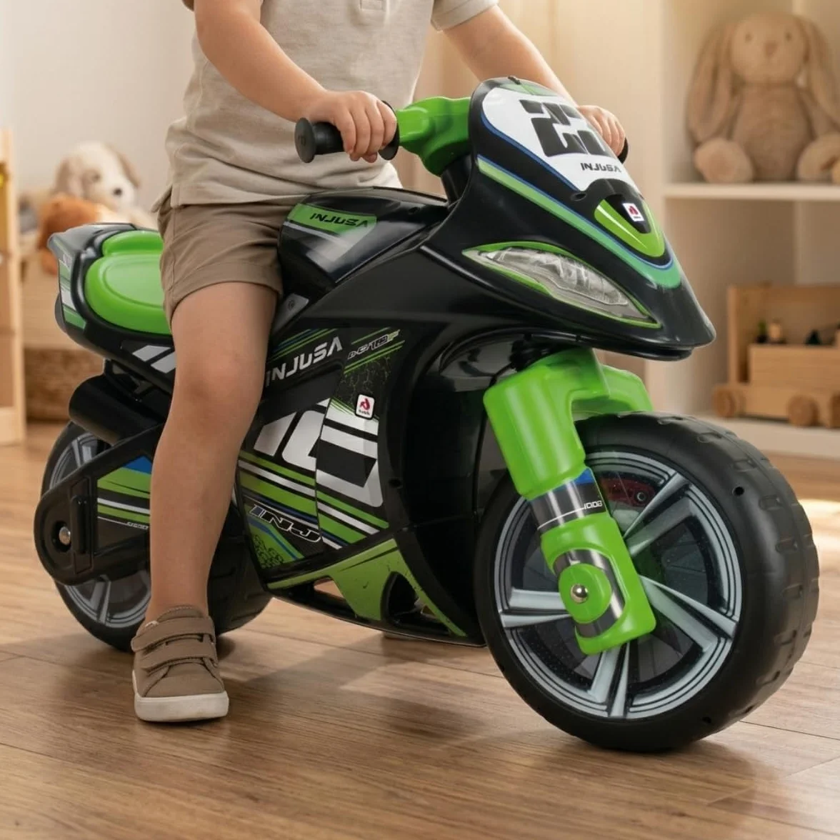 Moto per Bambini 4 ai 7 Anni - Moto per Bambino 4-5 - 6 e 7 Anni Ruote Larghe Stabile Senza Pedali - Ergonomica Maniglia Trasporto + Design Nero - INJUSA