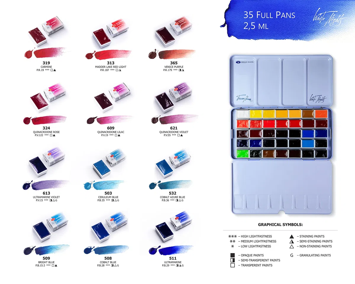 Honsell White Nights - Set di acquerelli per artisti, 35 colori in una custodia in metallo