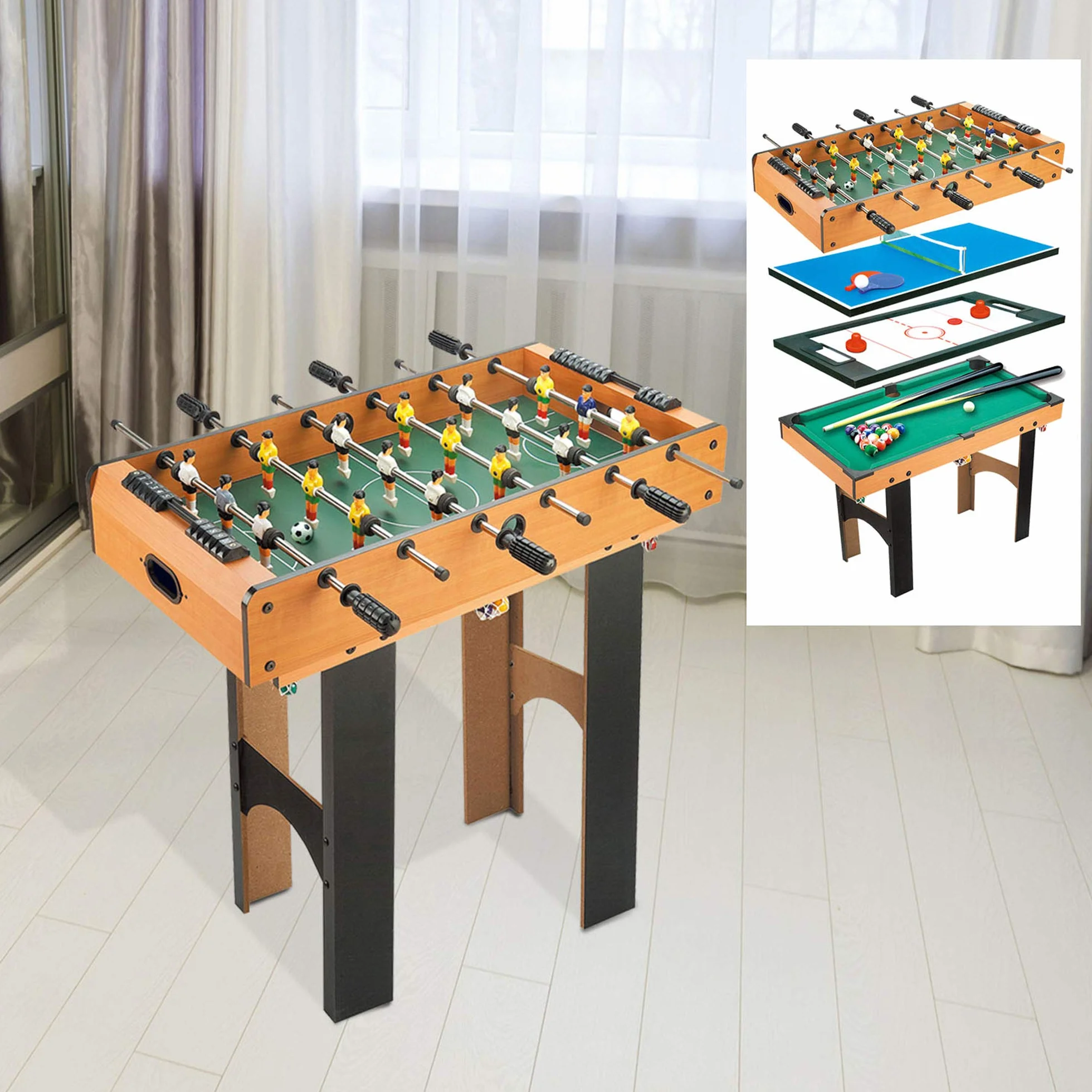 HOMCOM Tavolo Multigioco 4 in 1 con Calcio Balilla, Biliardo, Ping Pong e Hockey da Tavolo, Tavolo da Gioco con Accessori, in Legno MDF, Legno Naturale e Nero