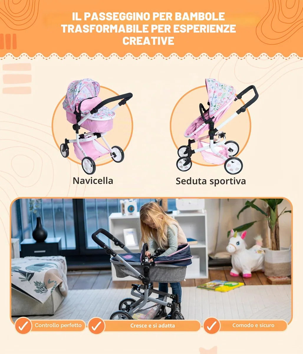 Bayer Chic 2000 - Passeggino per bambole Mika, passeggino combinato 2 in 1 per bambini dai 4 agli 8 anni, passeggino per bambole fino a 52 cm, fiori, rosa