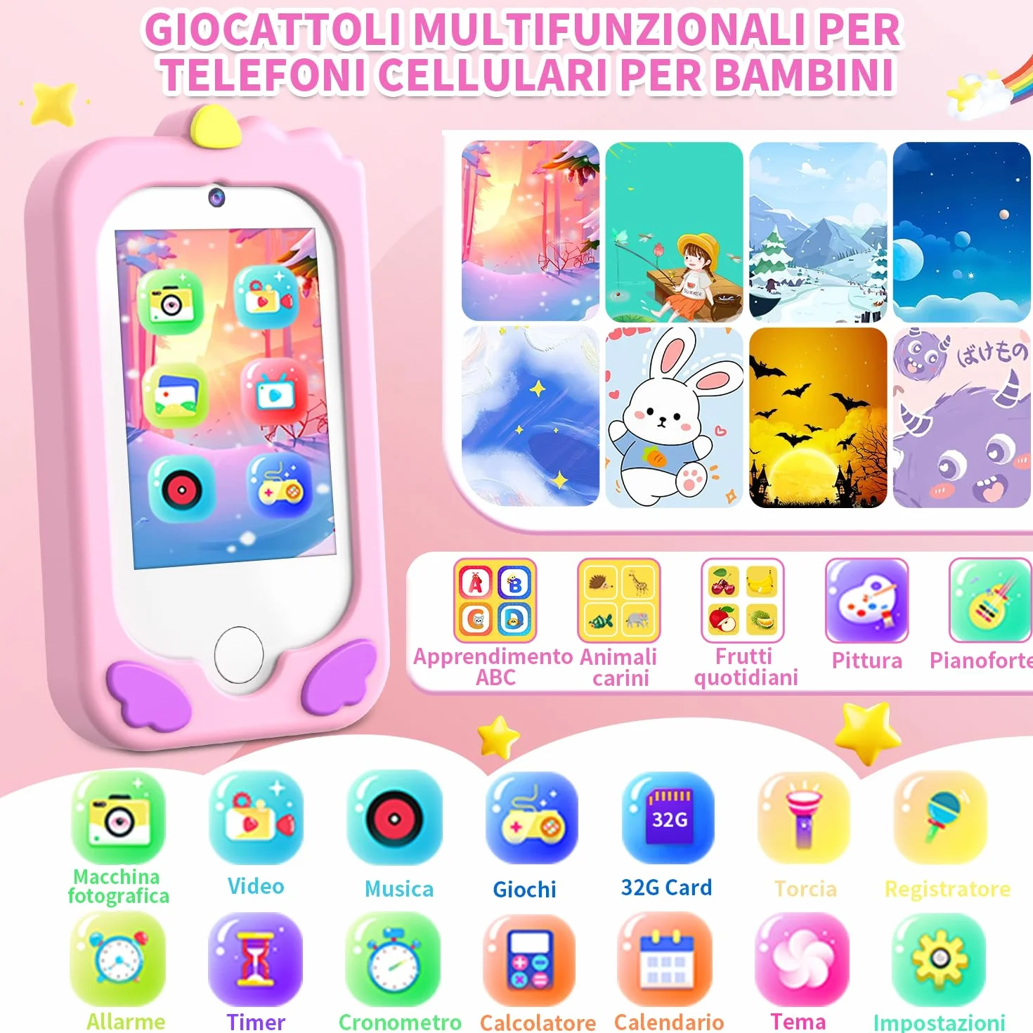 CHAKEYAKE Telefono per Bambini, Macchina Fotografica Bambini con 2,8" Tattile, Doppio Kamera, Lettore MP3, Scheda SD 32 GB, Regali di Natale e Compleanno per 3 4 5 6 7 8 9 10 Anni (Rosa)