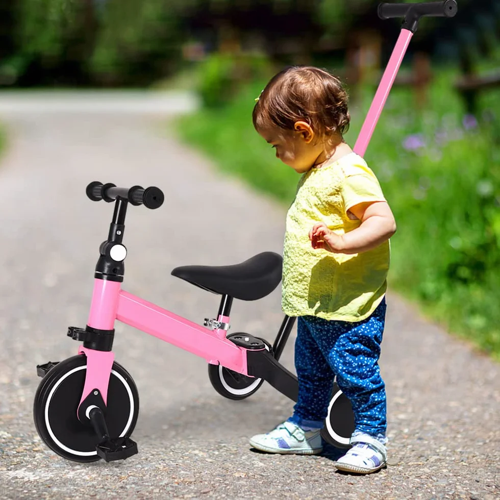 bicicletta per bambini con frizione,Triciclo 3 in 1 con manico scorrevole per bambini da 1 a 3 anni, ruota pieghevole, ruote più grandi, pedali rimovibili, 3 in 1 (rosa)