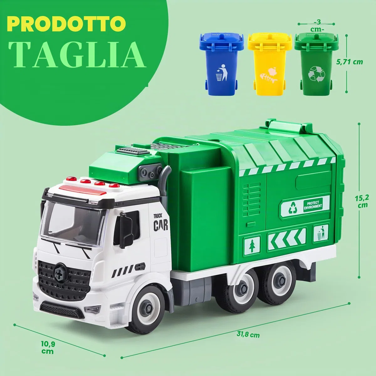 JOYIN Giocattolo camion della spazzatura con luci e suoni per bambini 3-8 anni, camion riciclaggio scarico laterale regalo
