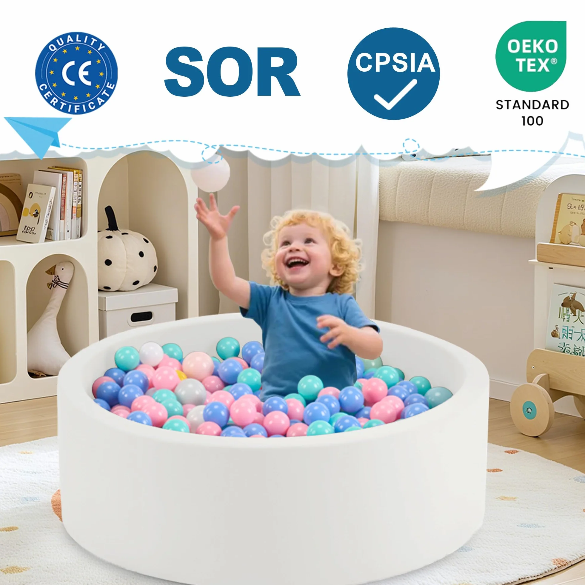 Piscina per palline in schiuma 89,9 x 30 cm, per bambini dai 1 ai 3 anni per ragazzi e ragazze, palline non incluse, bianco
