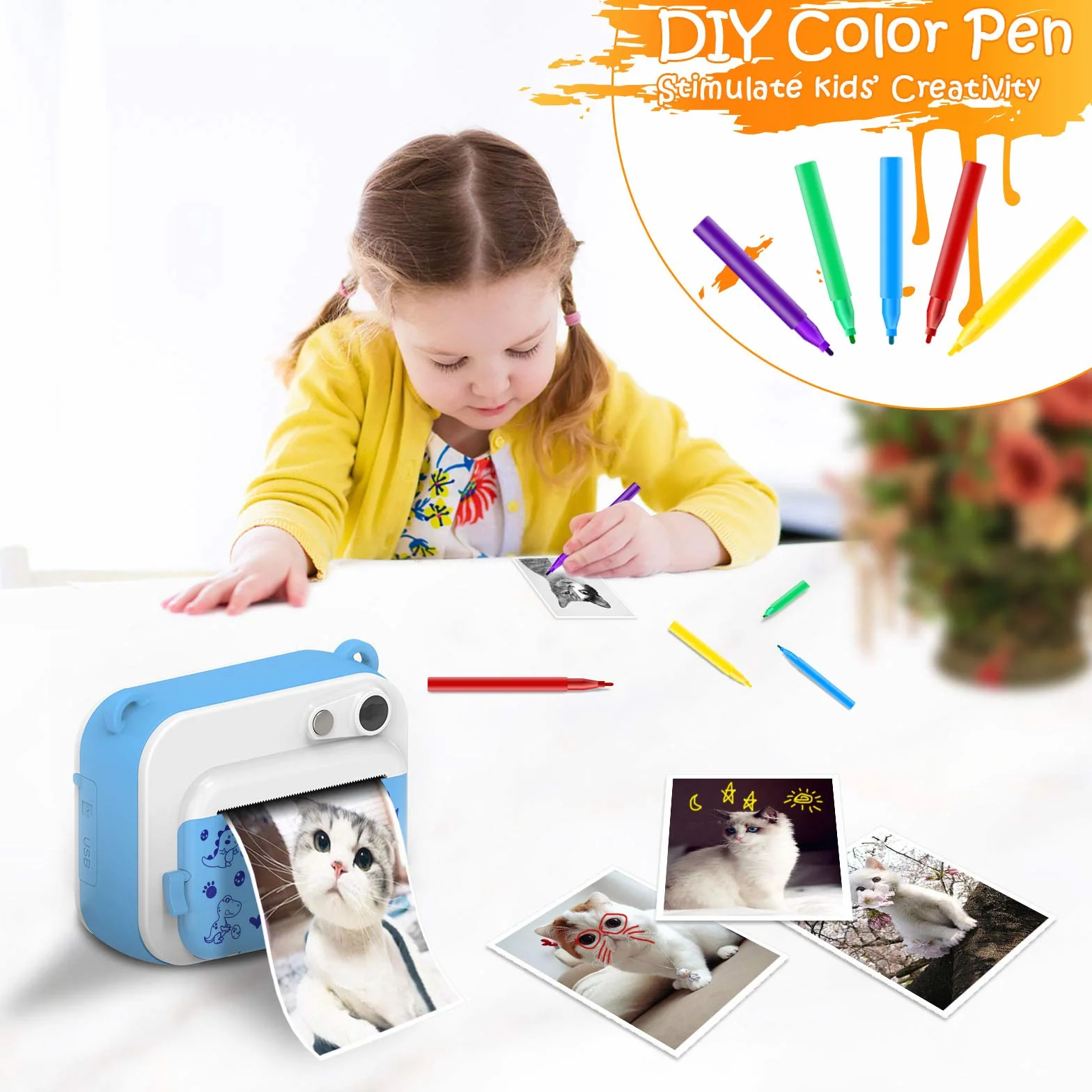 Macchina Fotografica Bambini Istantanea,ULEWAY Digitale Fotocamera 1080P HD Videocamera Giochi con 32GB Scheda SD, 5 Penne Colorate, Regalo di Compleanno per Ragazzi e ragazze 3-12 Anni (Blu)