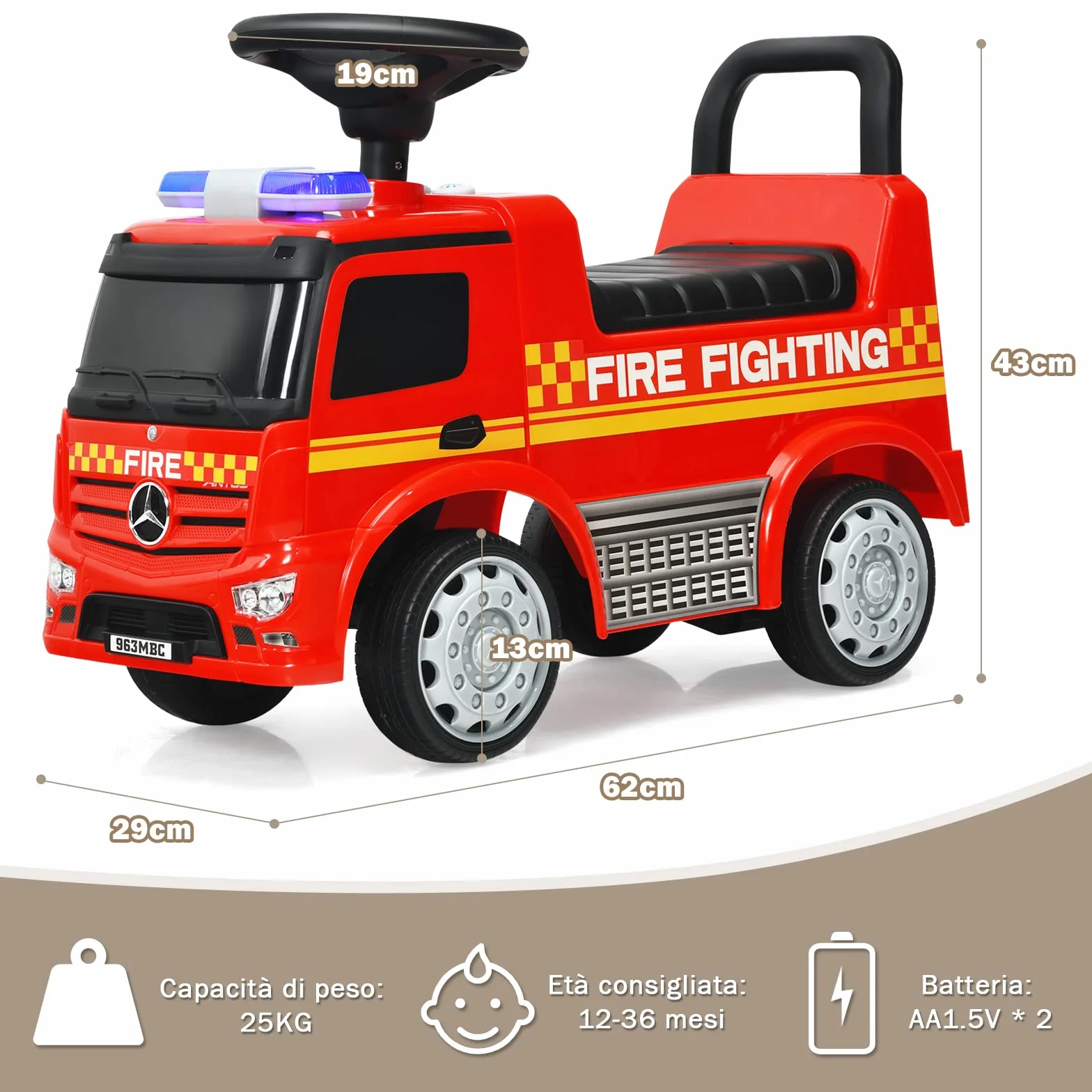 COSTWAY Camion dei Pompieri per Bambini, Macchinina Cavalcabile per Bambini, con Volante, Schienale, Macchina Cavalcabile con Piedi a Terra, Rosso