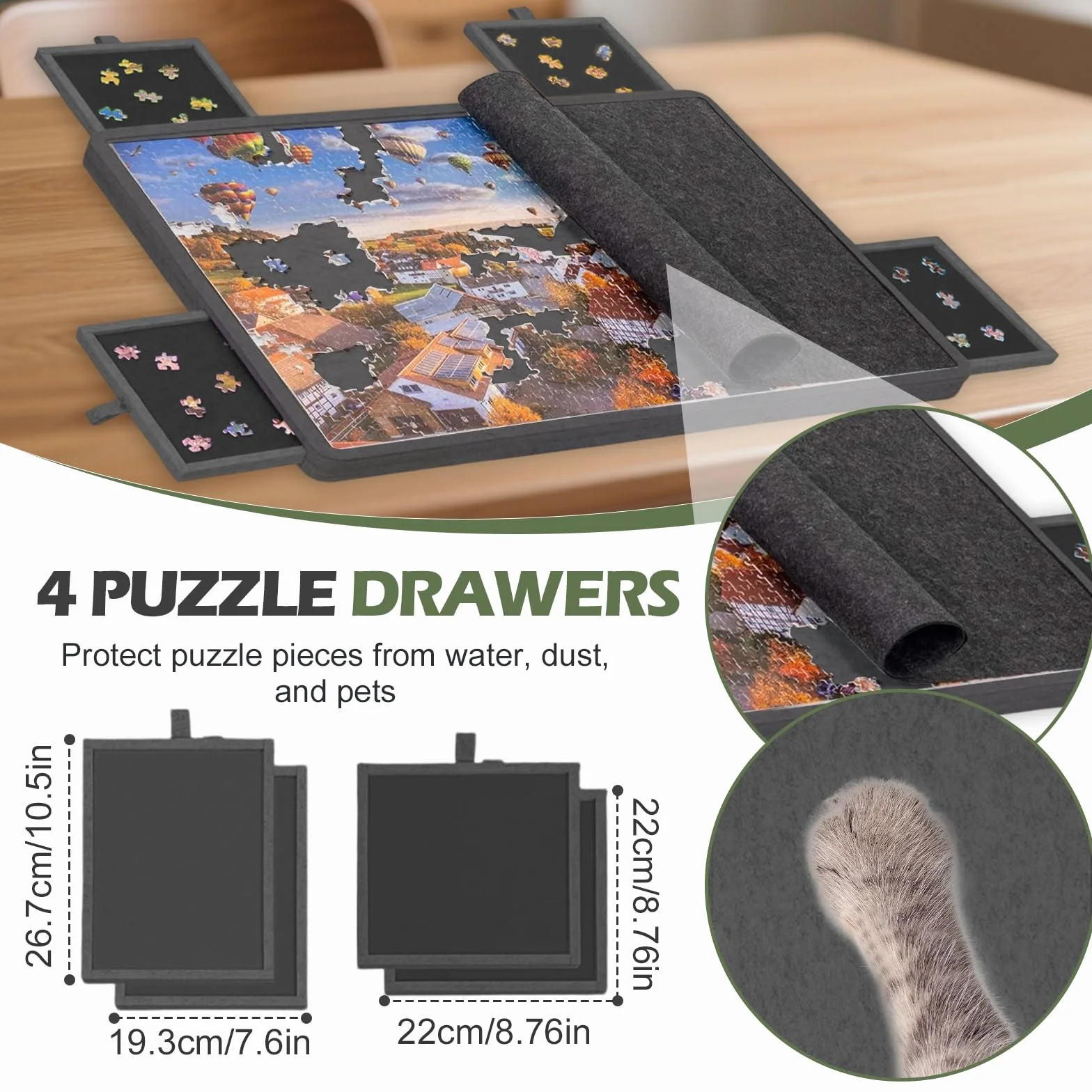 Jigsaw Puzzle pieghevole con 4 cassetti, tavolo puzzle portatile con supporto 2 in 1 e copertura, super leggero in feltro con 6 scomparti, accessorio puzzle per fino a 1000 pezzi (nero)