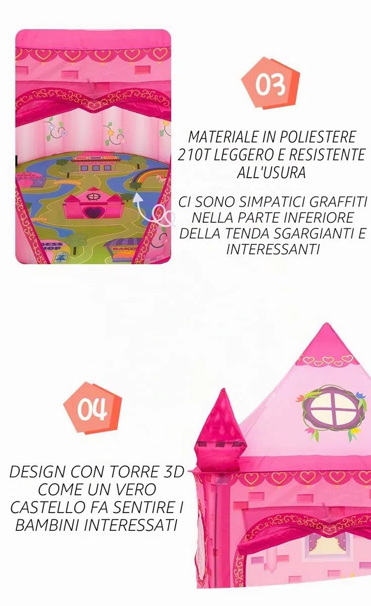 Tenda per bambini castello rosa da interno, pieghevole capanna da gioco