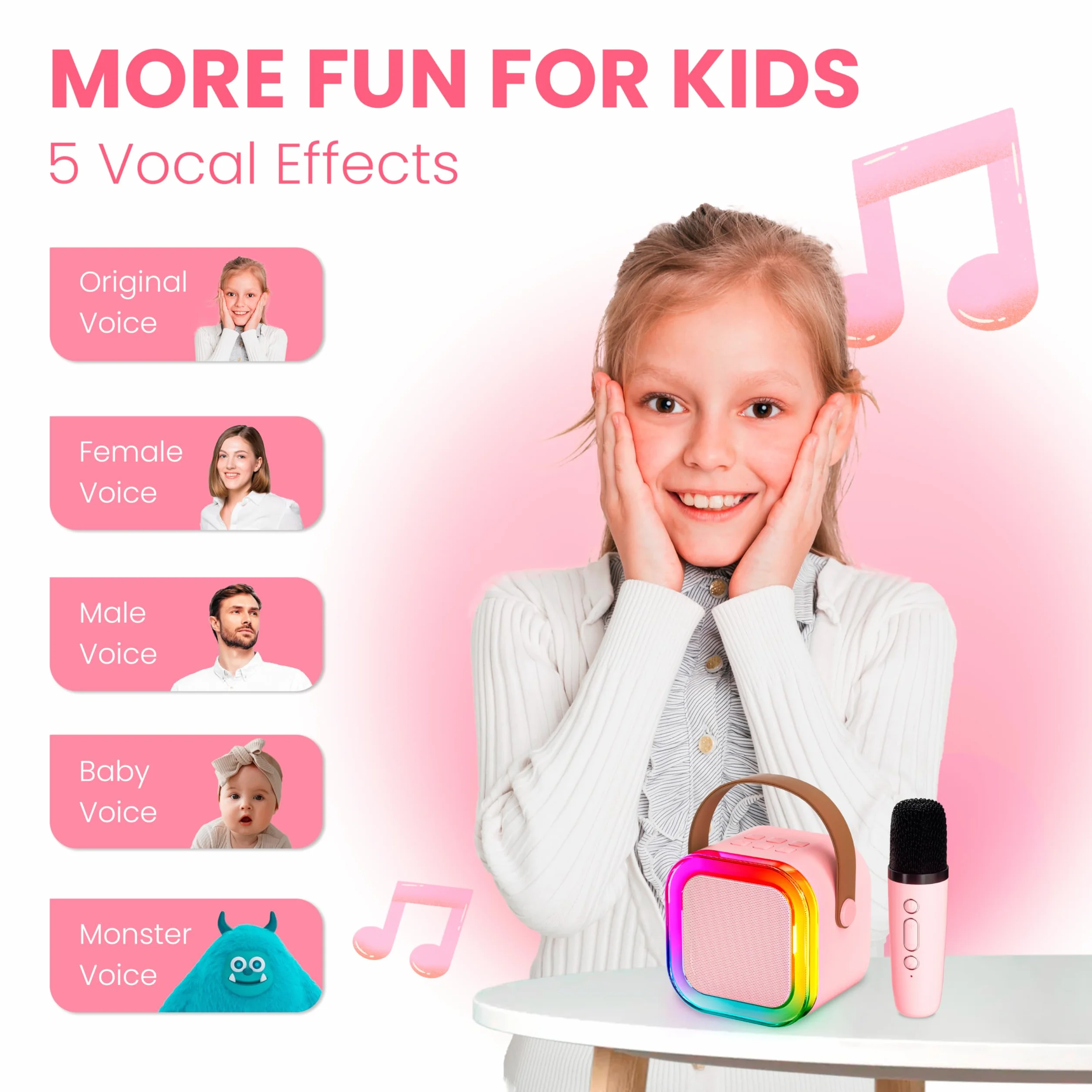 Karaoke con Microfono per Bambini 4-9 Anni, Microfono Bluetooth con Effetti Cambia Voce, Regalo Compleanno Natale Rosa