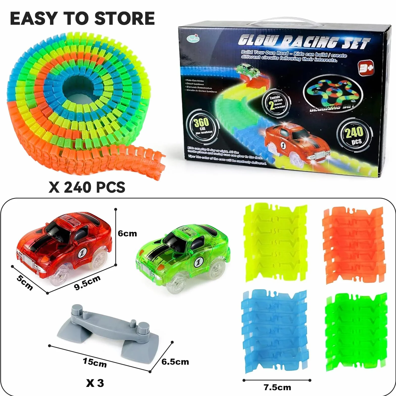 Pista Macchinine Luminosa Elettriche Auto Giocattolo Flessibile Pista Macchinine Colorate Carrera 240 Pezzi con 2 Glow Cars Macchinine Giocattolo per Bambini 3 4 5 6 Anni