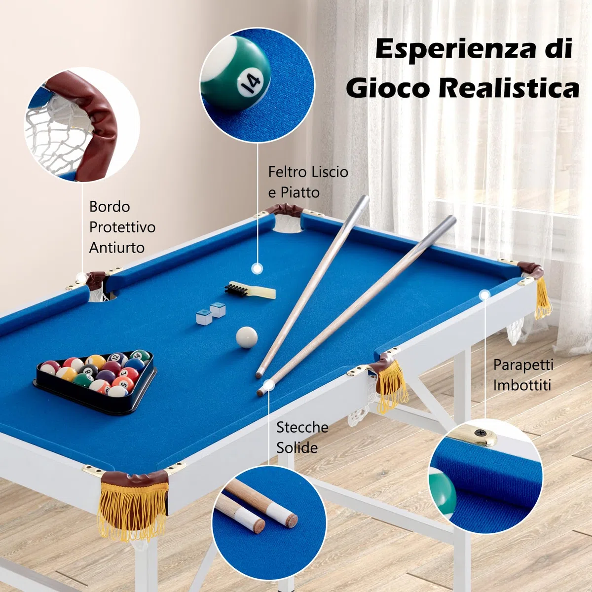 COSTWAY Tavolo da Biliardo Pieghevole, Mini Tavolo da Gioco Biliardo con Set di Accessori Stecche Palline Gessetti e Spazzola, Piedi Regolabili, per Sala Giochi bar Palestra, 122x64x78 cm