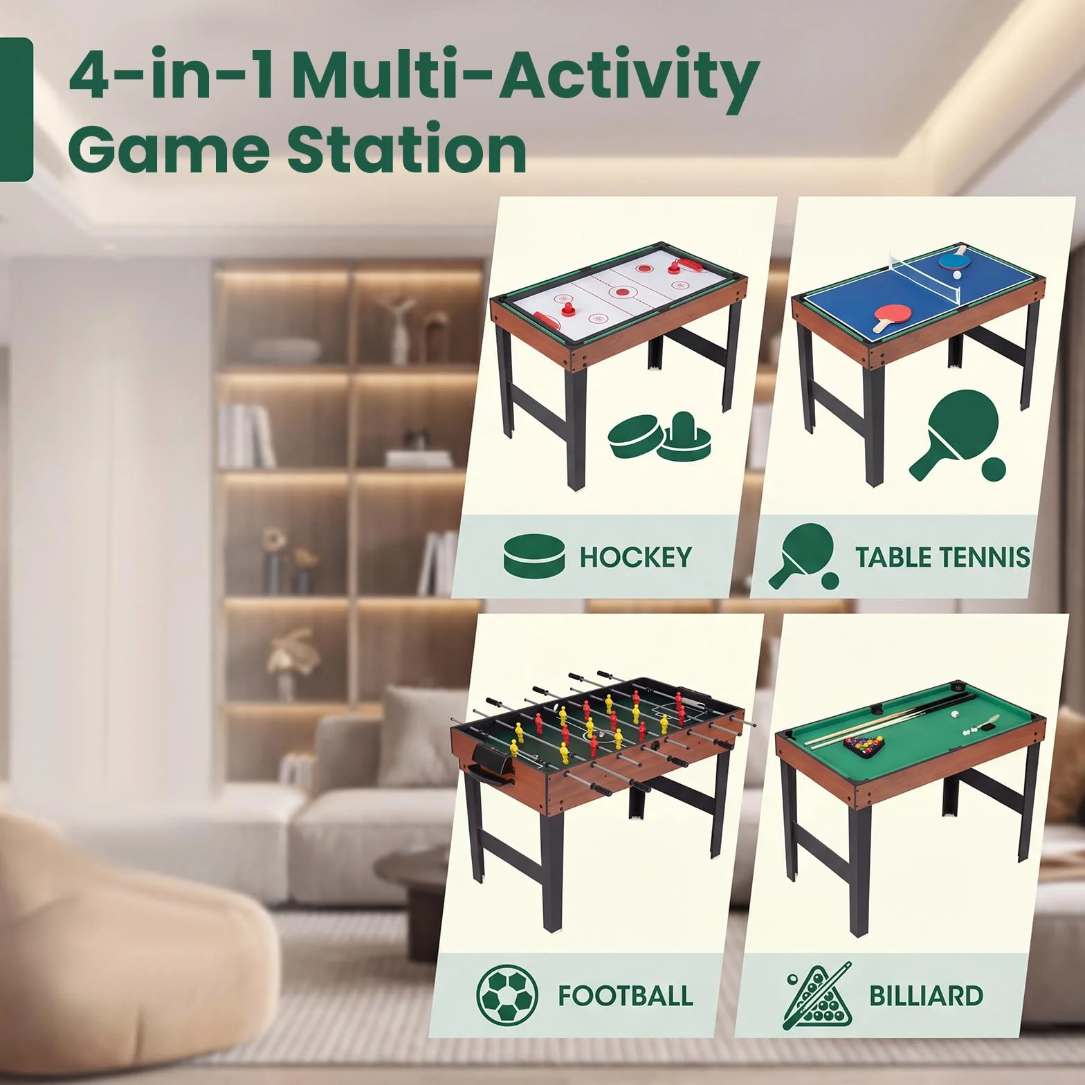 HOMASIS 4 in 1 Tavolo Multigioco con Calcio Balilla, Biliardo, Hockey e Ping Pong, Tavolo da Gioco in Legno per Bambini e Adulti con Accessori, Calcetto da per Casa, Bar, Ufficio