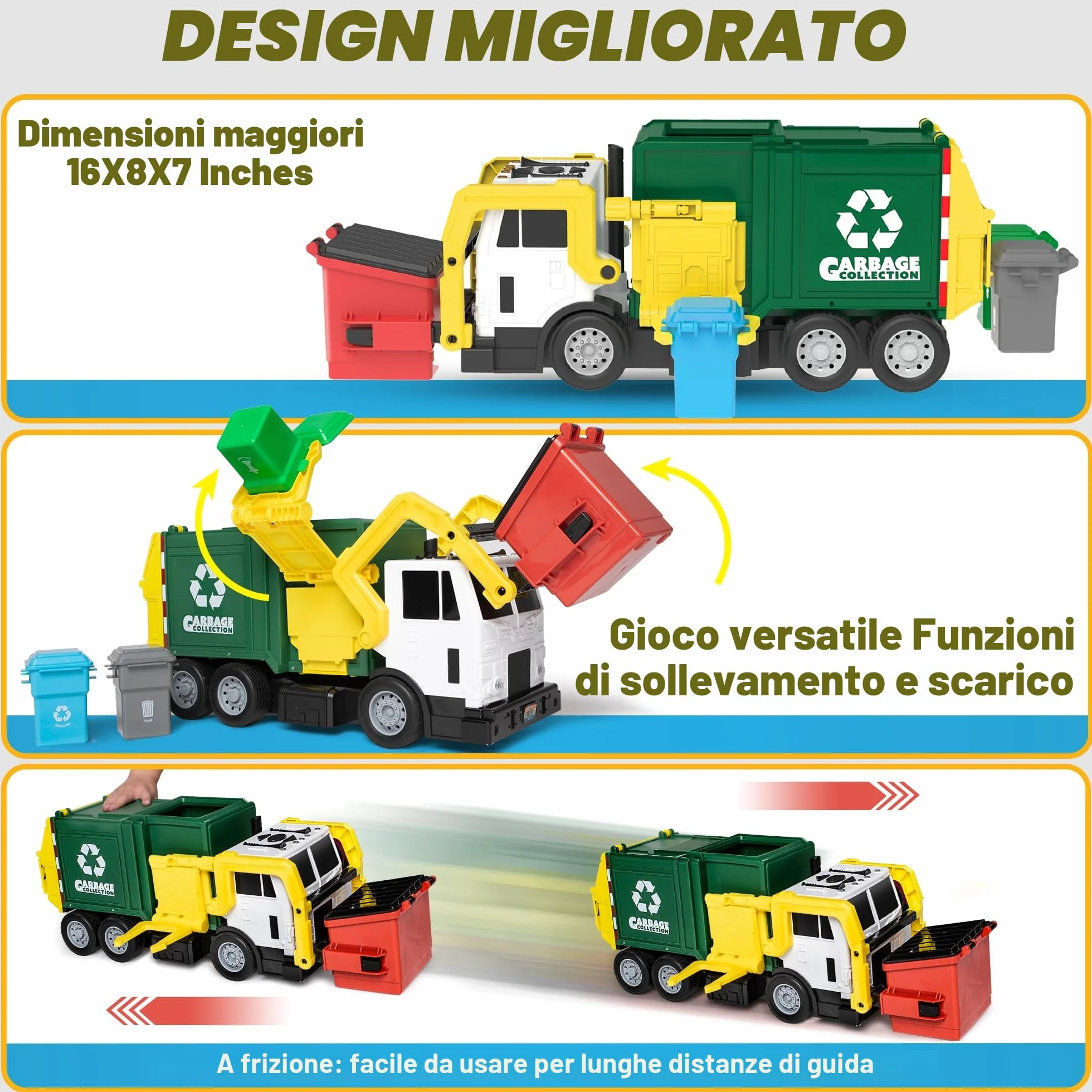 JOYIN Grande Camion Spazzatura da 40 cm, Giocattolo a Frizione con Luci e Suoni, con Pattumiera a Caricamento Frontale, 3 Bidoni Laterali con 30 Carte Pattumiera, Giocattoli per Bambini 3+(verde)