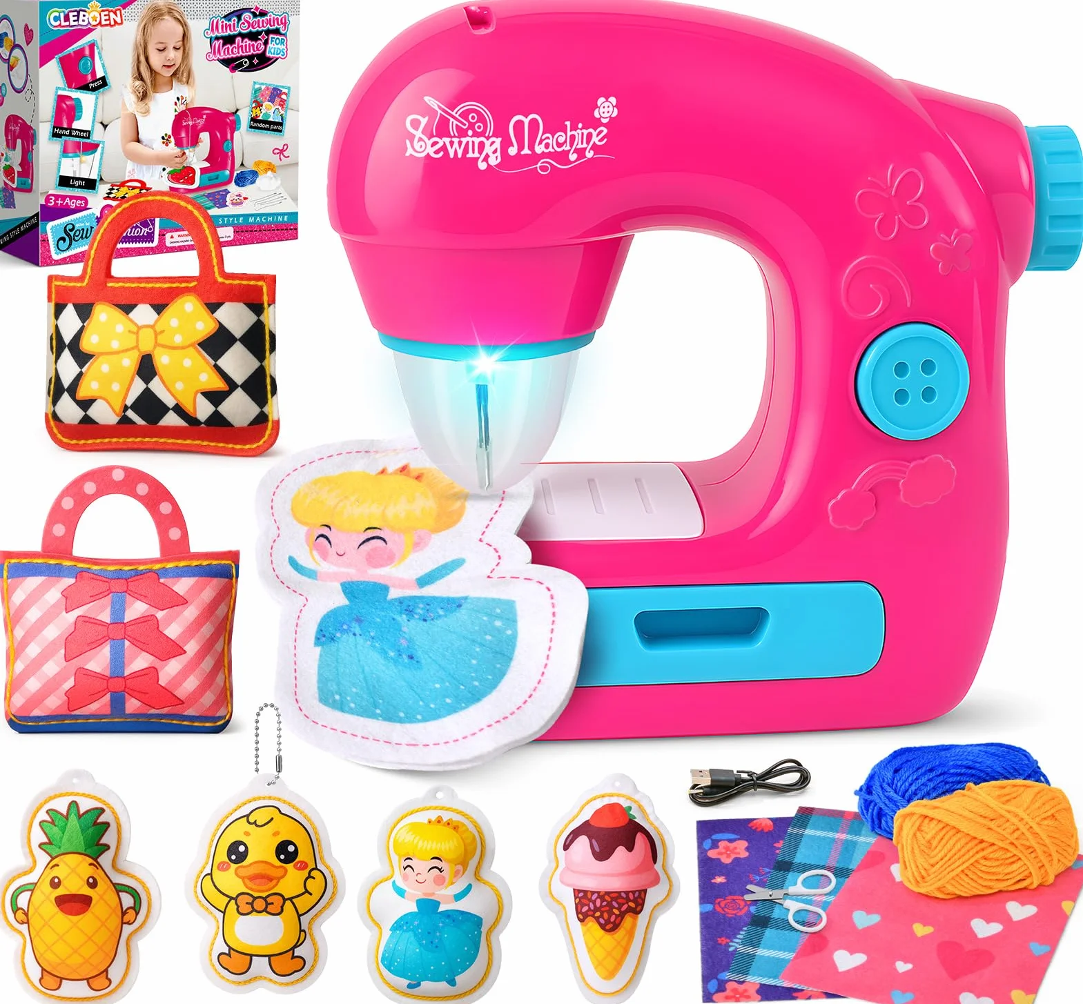 vamei Mini Macchina da Cucire Bambina, Sewing Machine Elettrica con Tessuti, Fili, Accessori Completi, Kit Cucito Bambini, Kit Lavoretti Creativi per Bambini, Regalo Bambina 3+ Anni