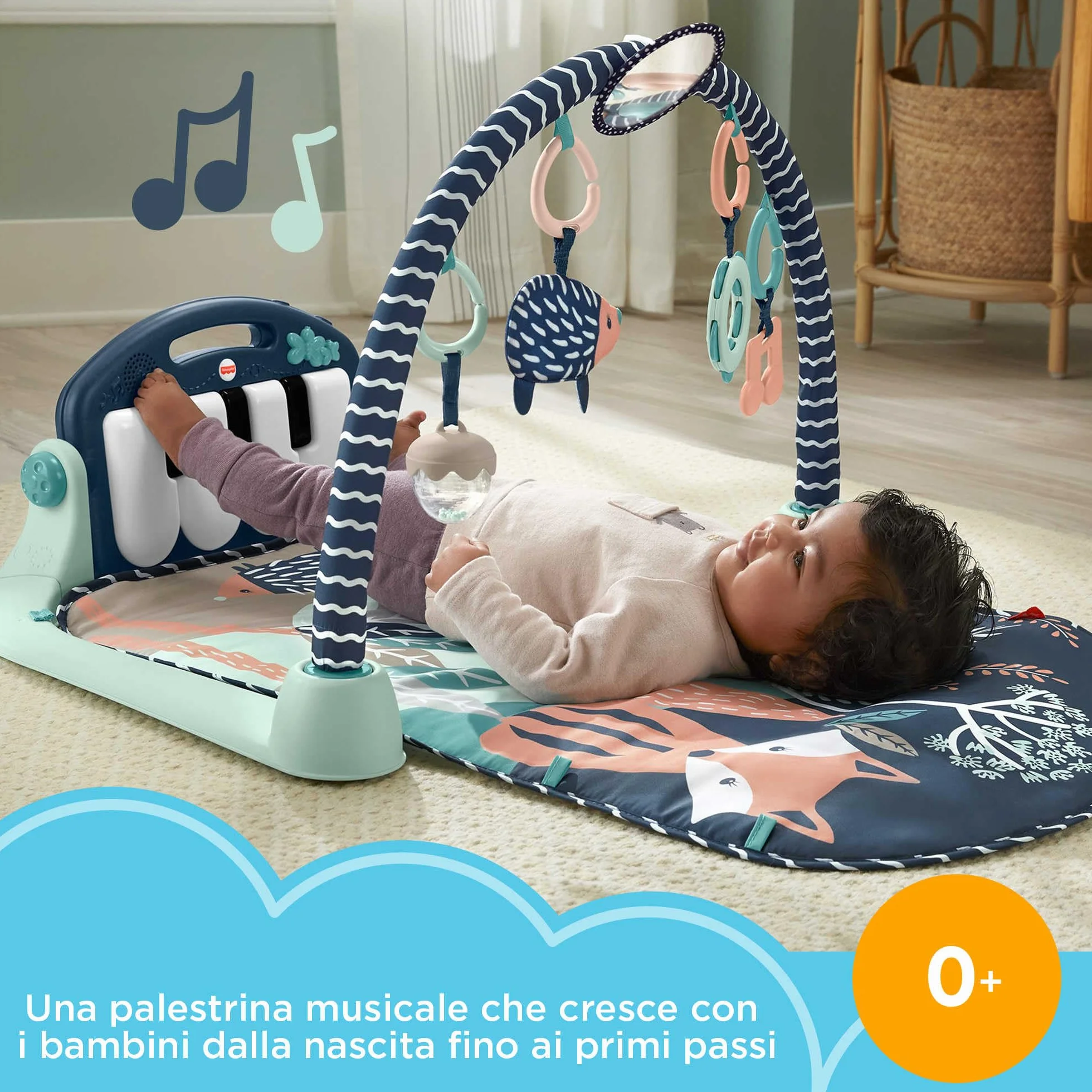 Fisher-Price - Palestrina Baby Piano 4 in 1, tappetino con pianoforte musicale e giocattoli per il gioco distesi sul pancino, cerbiatto blu [esclusiva Amazon], giocattolo per bambini 0+ Mesi, HKX37