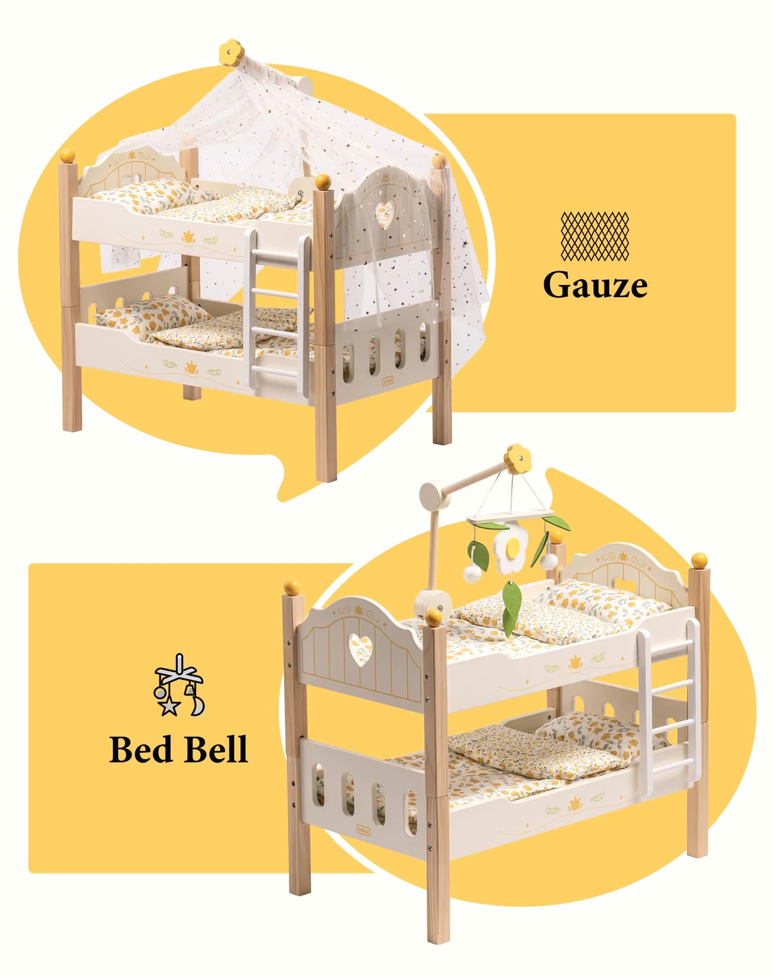 ROBOTIME Letto a castello per bambole in legno da 18", lettino per bambole trasformabile con scaletta e biancheria da letto, culla per bambole impilabile, regalo perfetto per bambini, color legno