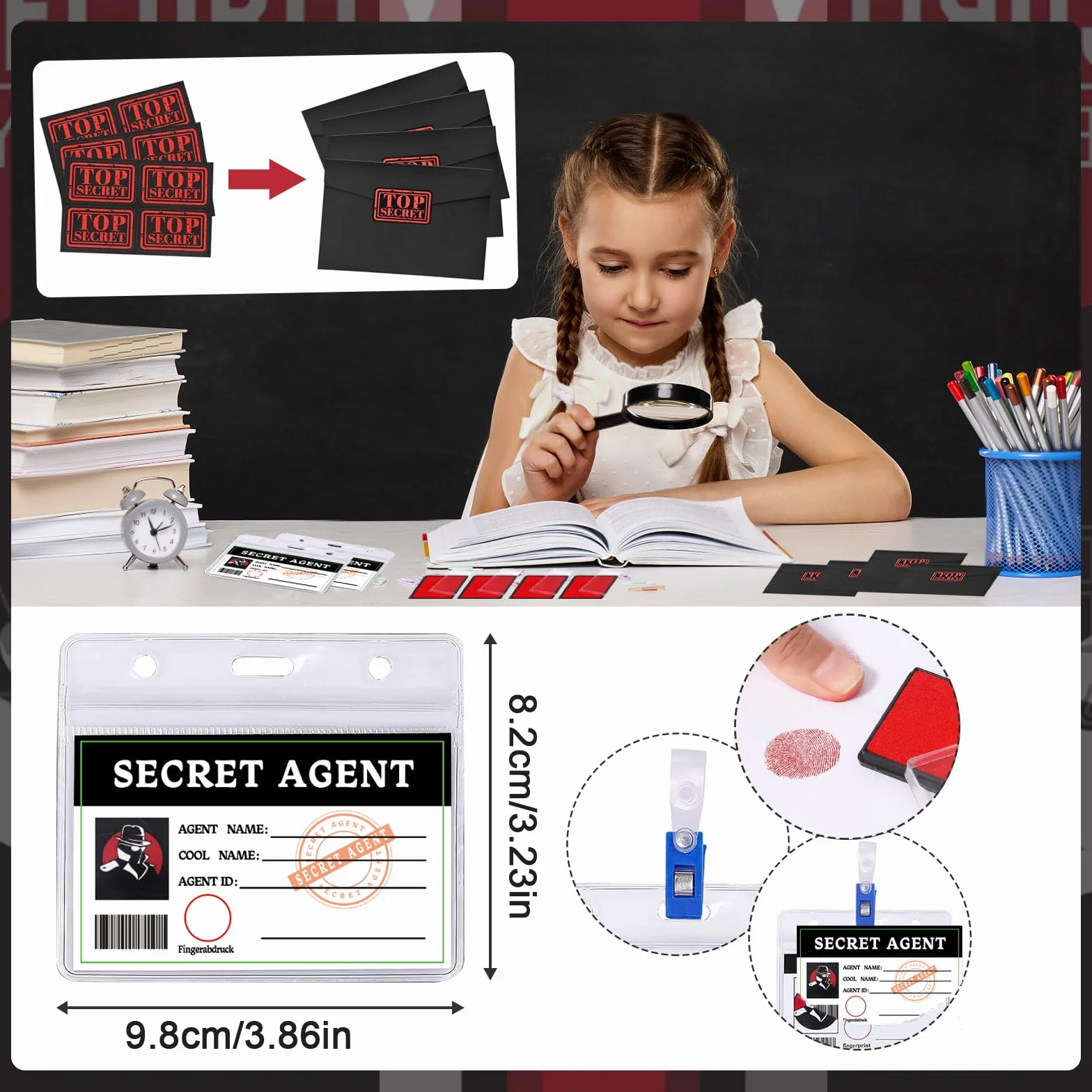 48 Pezzi Bambini Giocattolo Detective, Kit Spionaggio Gioco Detective per Bambini， con penna UV, taccuino, lente d'ingrandimento giocattolo, carte d'identità con clip, tampone per impronte digitali