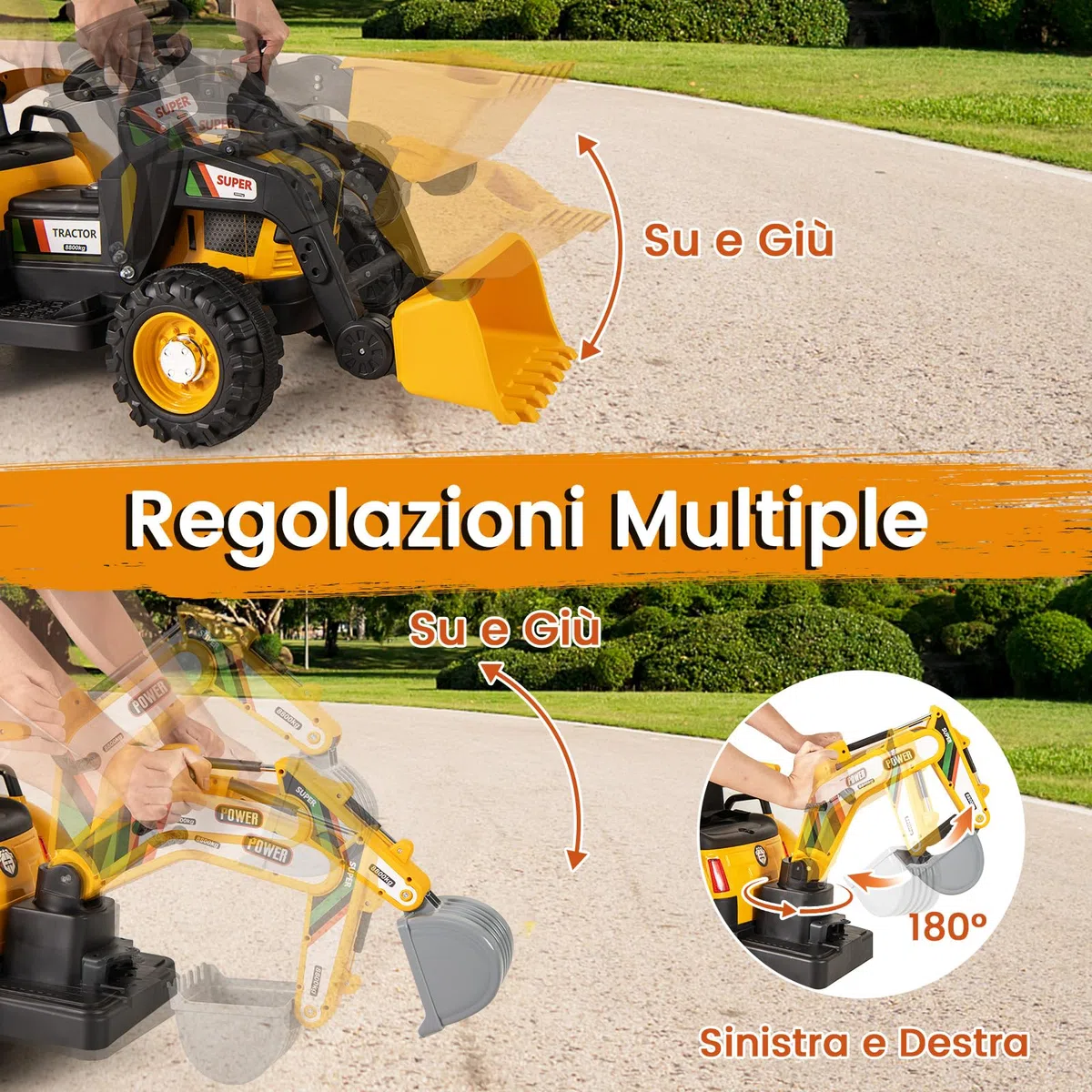 COSTWAY 4 in 1 Trattore Elettrico per Bambini 3-8 Anni con Telecomando, Rimorchio e Cucchiaia Staccabile, Doppi Motori Giallo