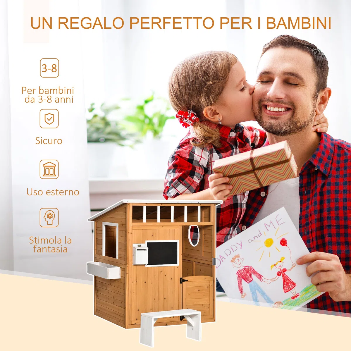 Outsunny Casetta per Bambini in Legno 122x108x135.5cm Gialla con Porta Finestre Panca Portavasi