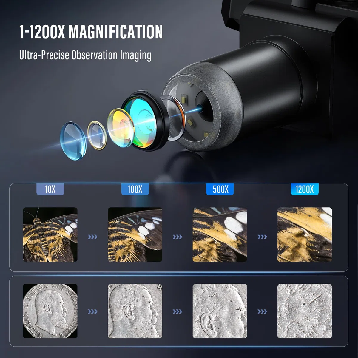 Microscopio Digitale 7 Pollici, Ingrandimento 1200X 12MP Registrazione 1080P con 8 Luci LED Regolabili, Schermo IPS, Connessione PC per Saldatura, Scienza, Istruzione Compatibile con Windows