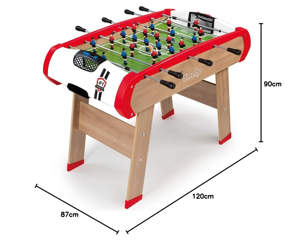 Smoby - Calcio Balilla Powerplay 4 in 1 - Ping Pong + Hockey e Biliardo - Struttura in legno - Accessori inclusi - Palline, Racchette da Ping Pong, Biliardi, Aste - Da 8 anni