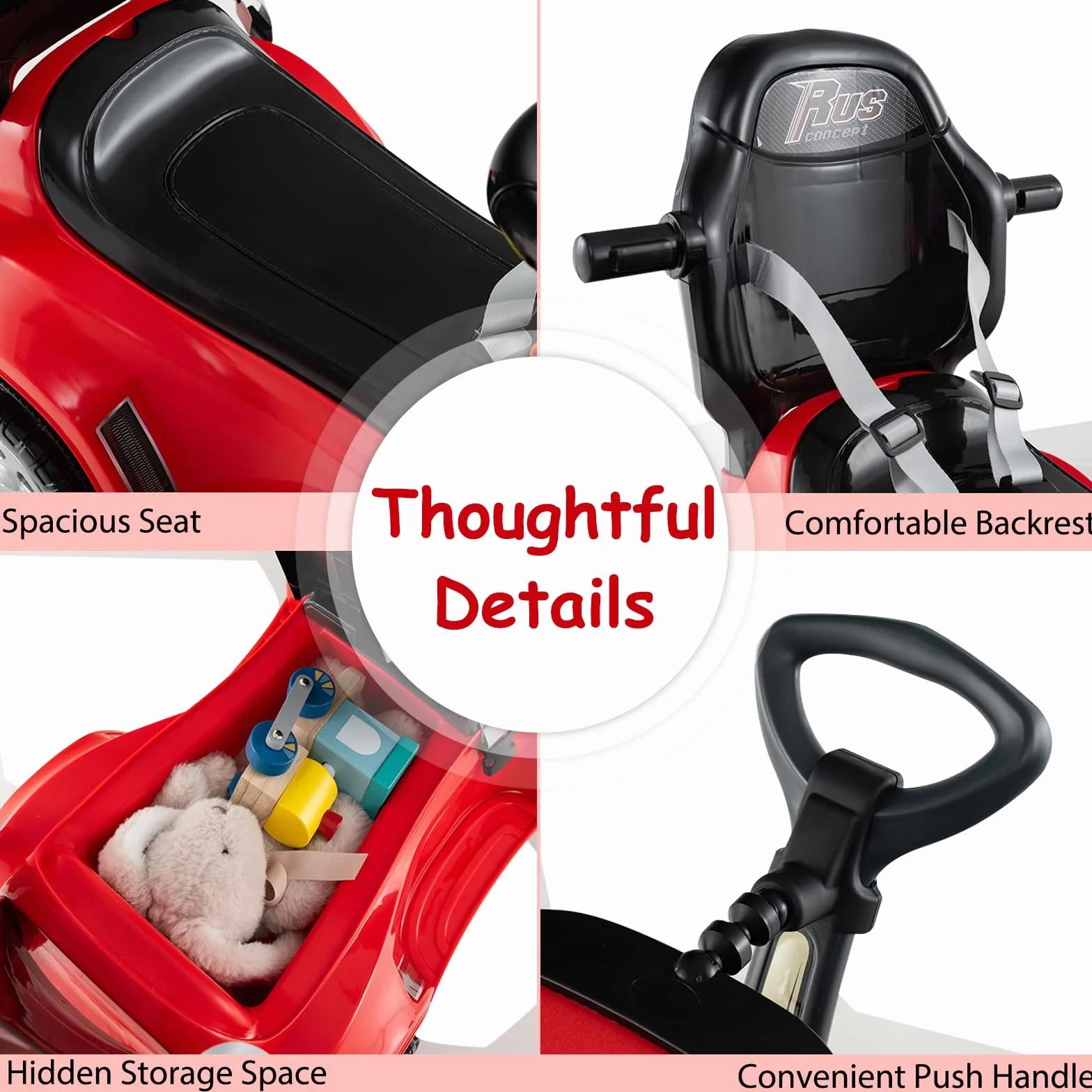 SOARS Macchina Cavalcabile per Bambini 1-3 Anni, Cavalcabile Bambino 3 in 1, Carpot & Maniglia Rimovibili, Guida Realistica con Volante, Clacson, Musica, Carico 25 KG, Regalo Ragazza Ragazzo (Rosso)
