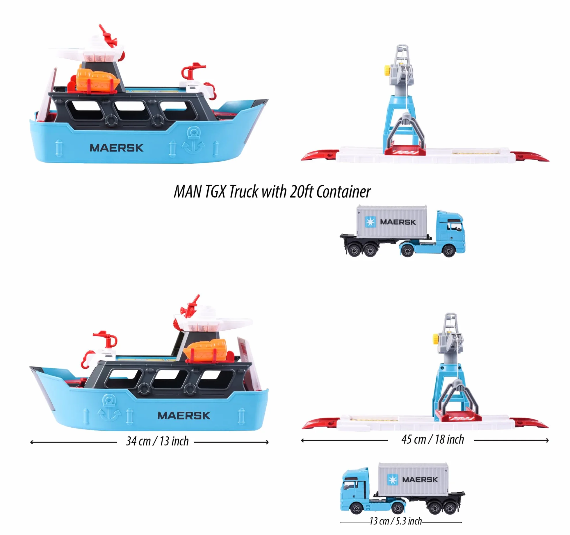 Majorette - Creatix Nave Container MAERSK, 212050039, +3 anni, playset con nave e piattaforma di carico con gru, incluso un camion con container, con due barche di salvataggio, misura 52 cm