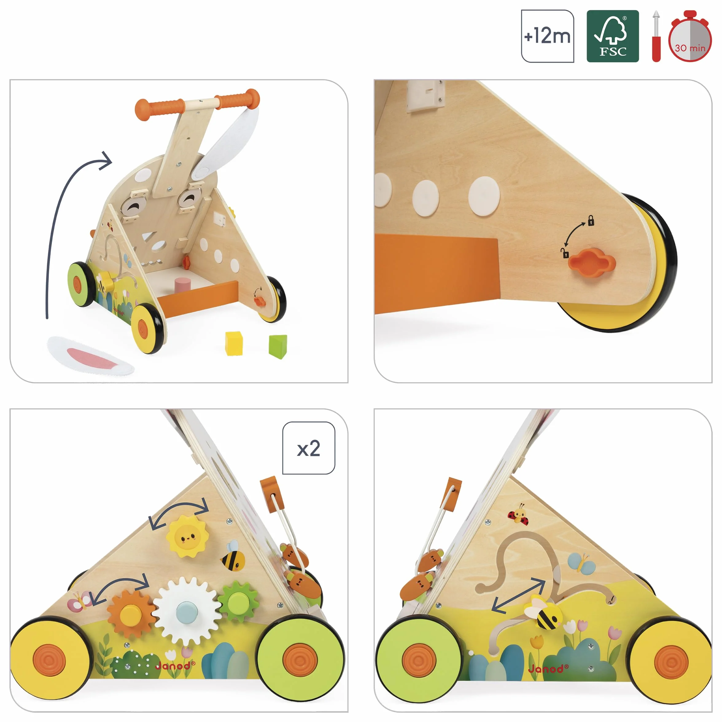 Janod Chariot Multi-Activités Ferme, Carretto di Legno da Spingere, 9 attività, Sistema frenante Brevettato e Ruote silenziose, Giocattolo evolutivo per Bambini, da 12 Mesi, J03326