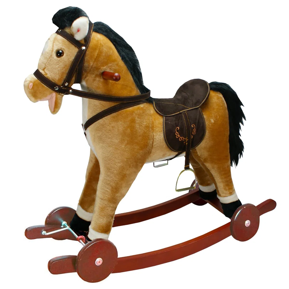 Cavallo a Dondolo Grande Marrone Chiaro, Peluche Cavalcabile con Ruote, Nitrisce e Muove la Bocca