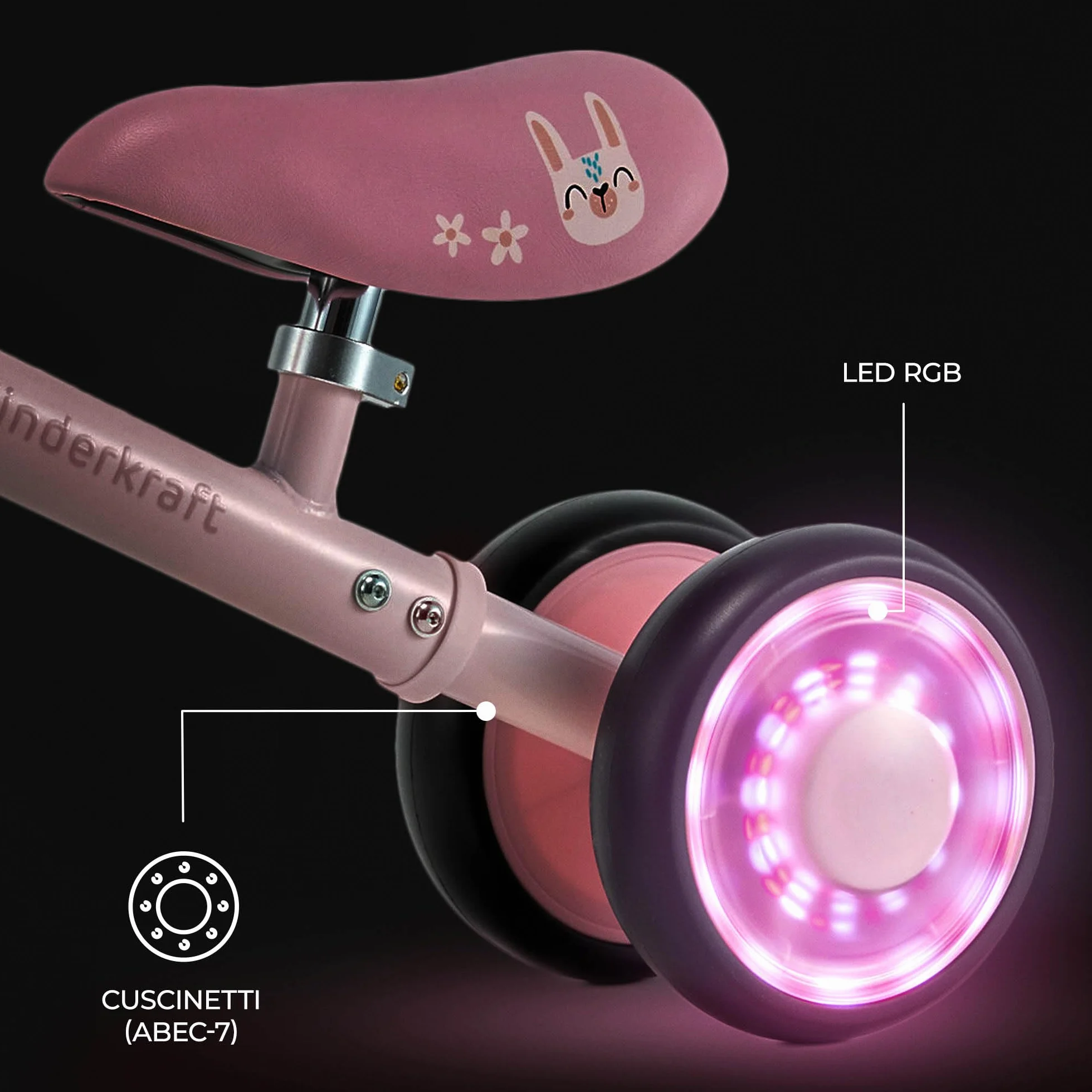 Kinderkraft CUTIE FLASH, bicicletta educativa per bambini, senza pedali, ruote con luci a LED, design moderno, costruzione sicura, per bambini a partire da 1 anno, Rosa