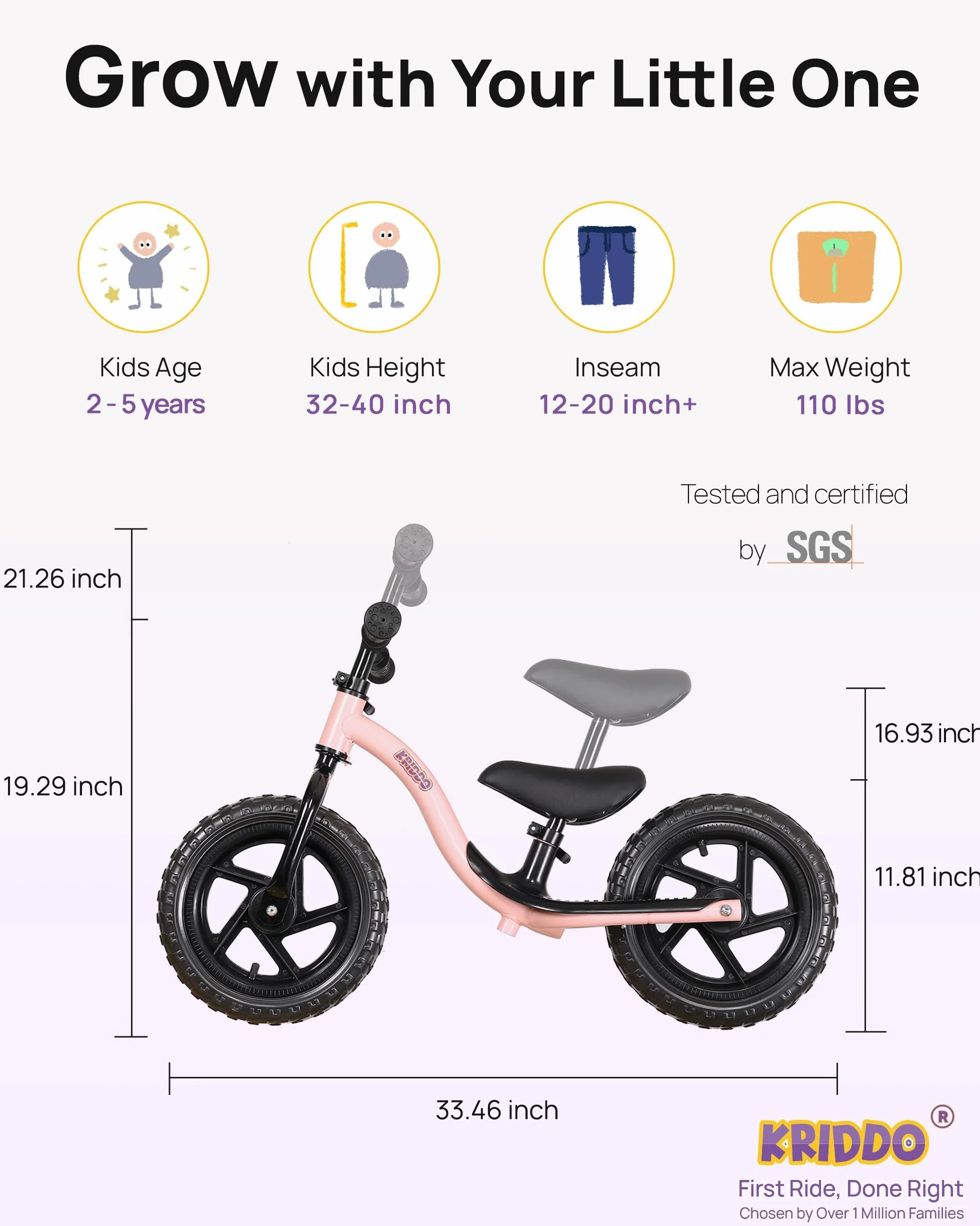 KRIDDO Bicicletta Senza Pedali per Bambini di 2 Anni, Età 24 Mesi a 5 Anni, Bicicletta Interattiva per Apprendimento Precoce con Stabilità, Regalo per Bambini e Bambine di 2-5 Anni | 2 anni