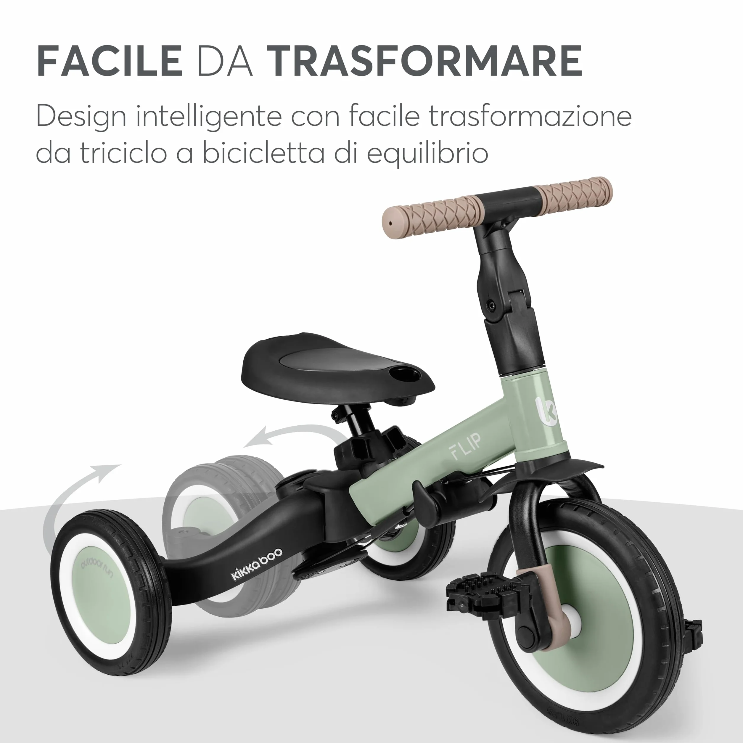 KikkaBoo Triciclo Evolutivo 5 in 1 per Bambini da 1 a 5 Anni FLIP, Triciclo Passeggino con Maniglione Regolabile, Con o Senza Pedali, Trasformabile in Bicicletta, Verde militare