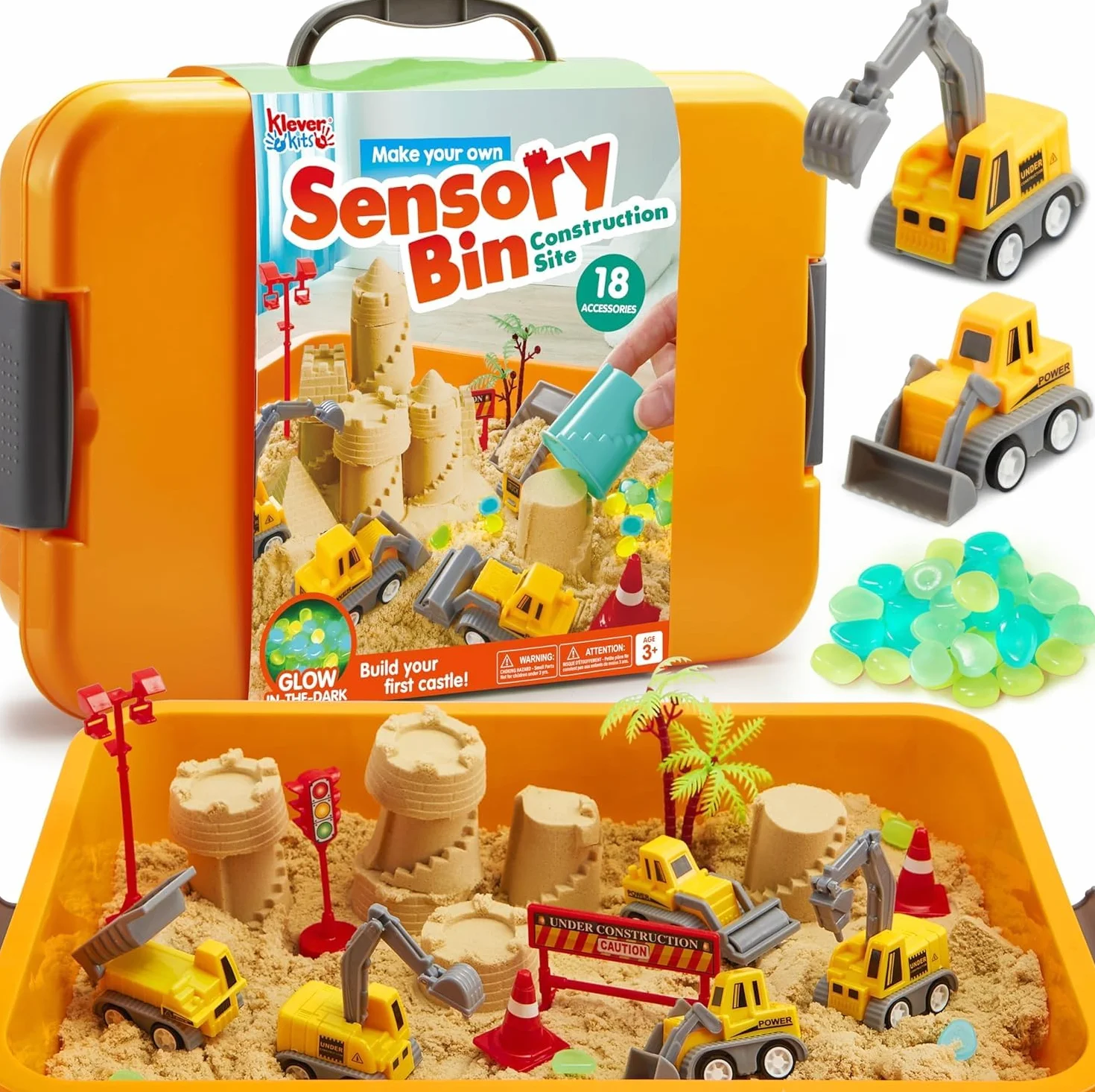 Klever Kits Cestino Sensoriale da Costruzione per Bambini con Pietre Fosforescenti, Sandbox con Coperchio, Kit Castello di Sabbia