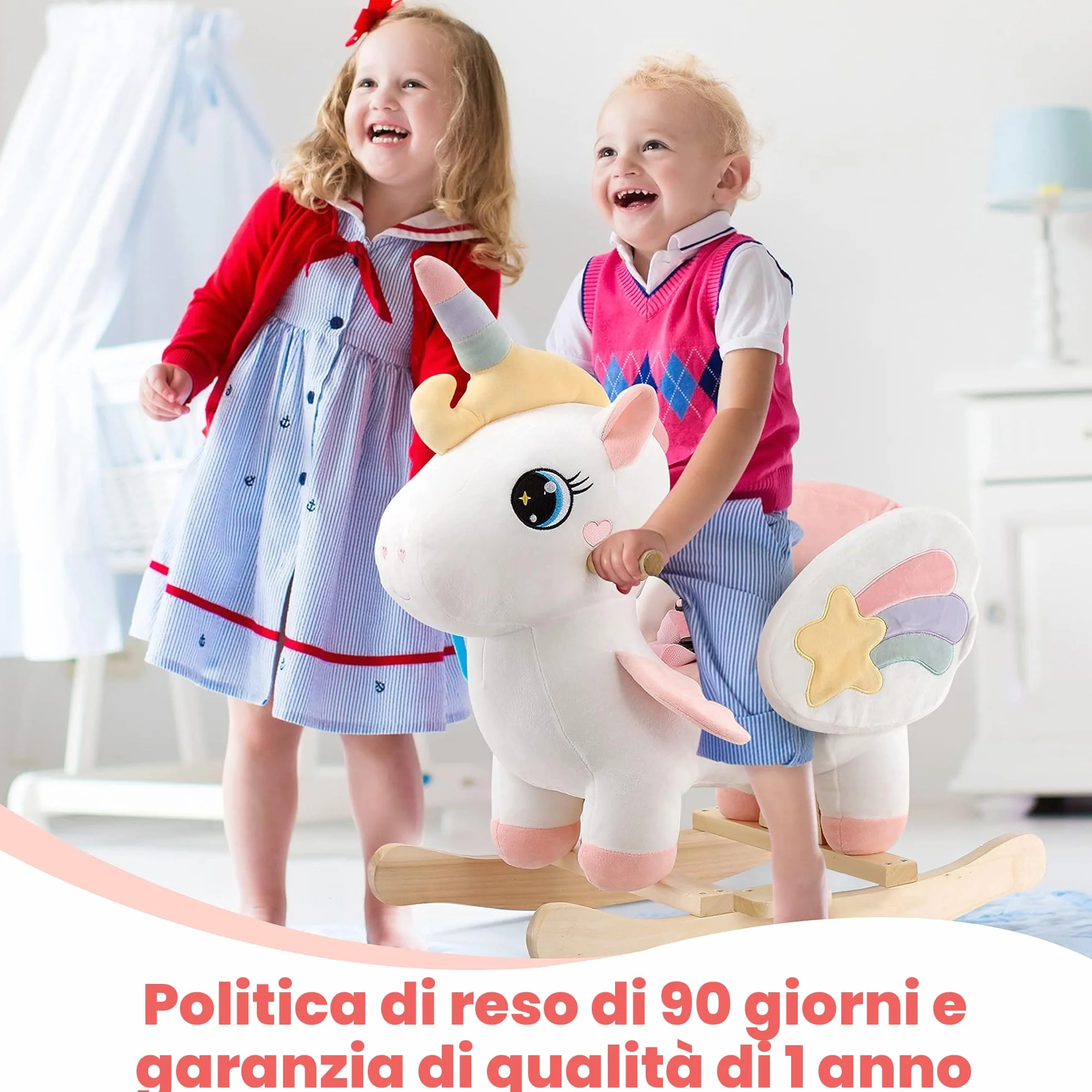 FUNLIO Cavallo a Dondolo Unicorno, Rainbow Fairy per bambini da 6 mesi a 3 anni, Cavalcabile, di Peluche, Facile da Montare
